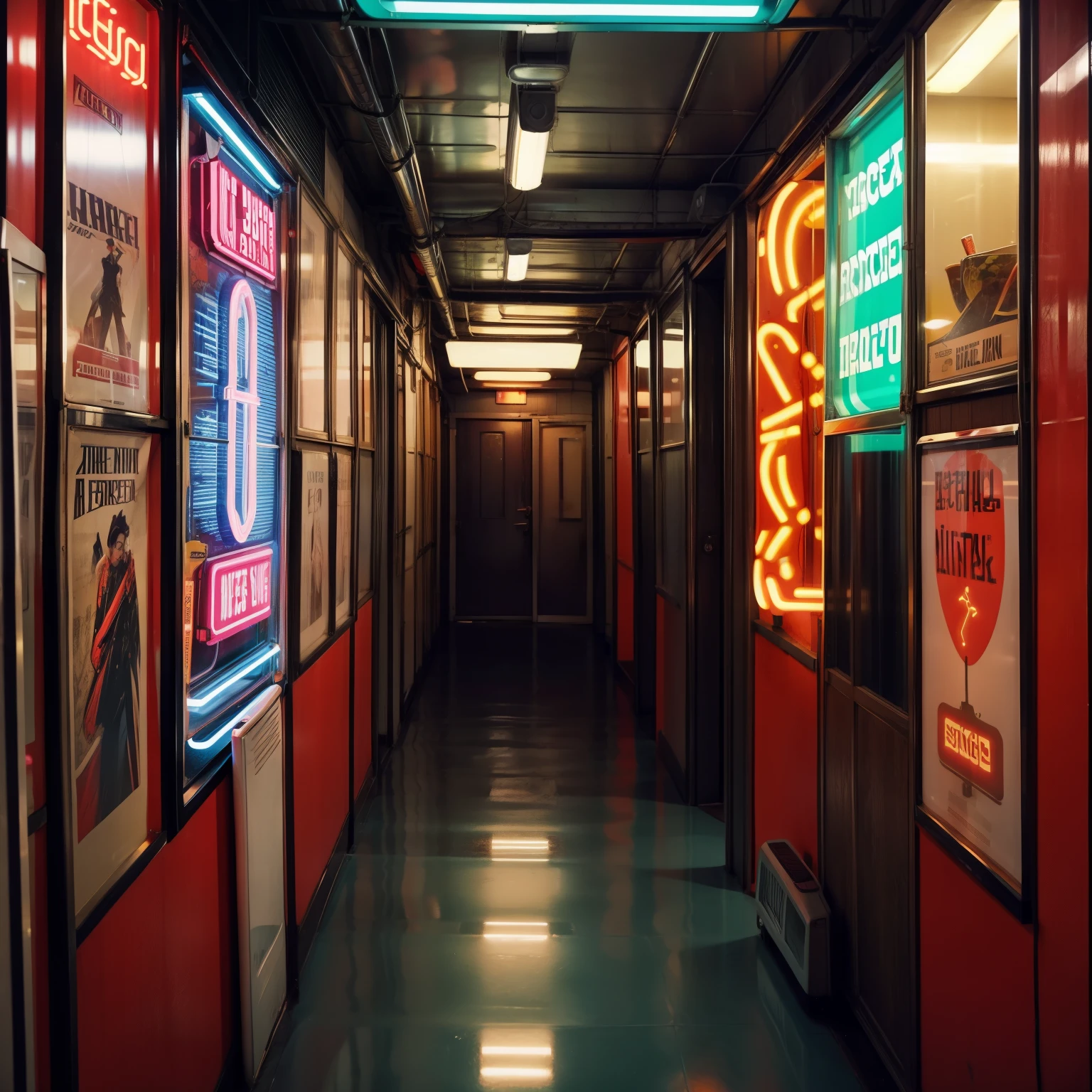Two large retro posters and neon signs