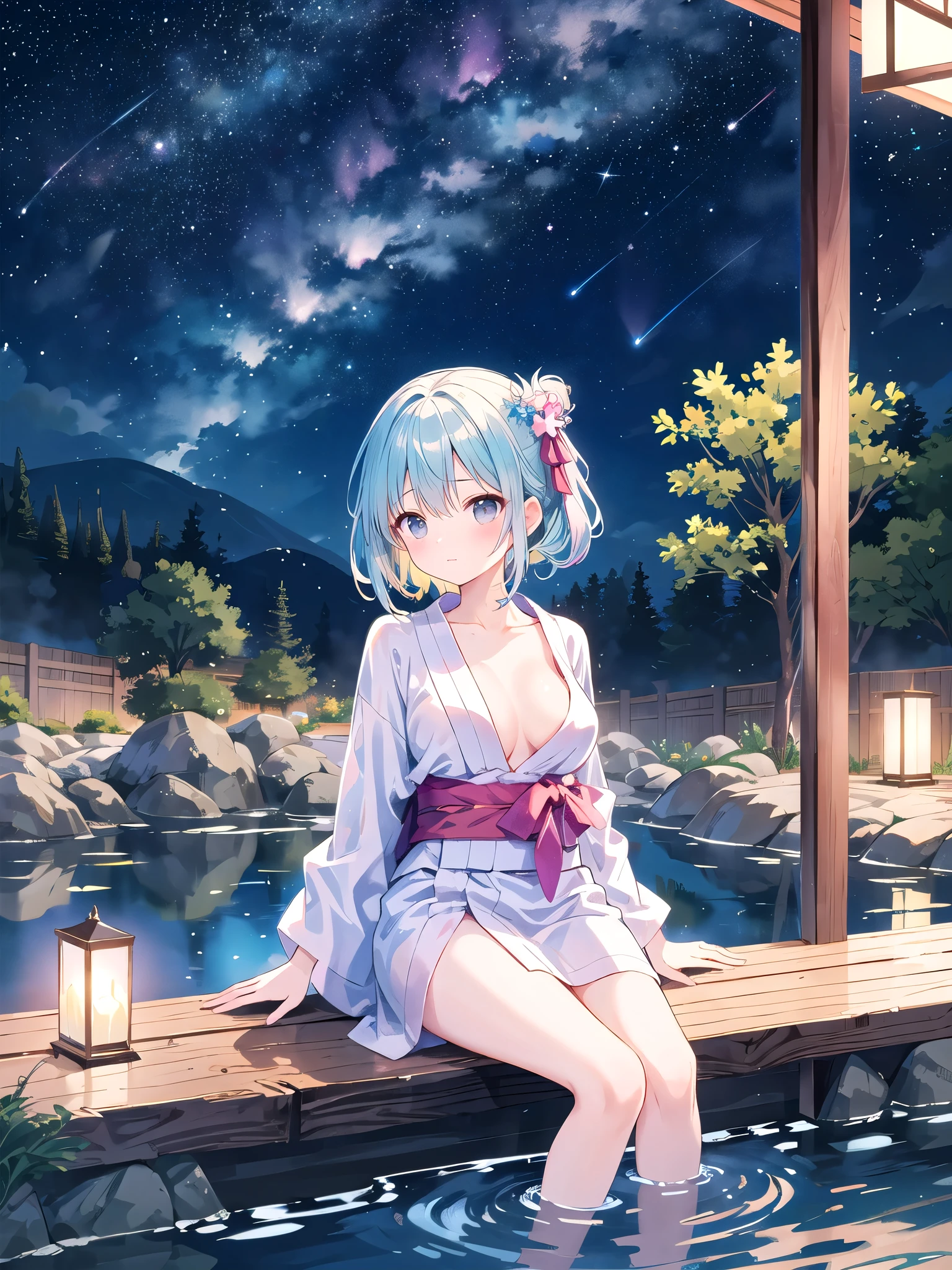 （masterpiece）、(highest quality)、((Super detailed))、(super delicate)、pastel colored hair、beautiful breasts、yukata、Hot spring at night、fantastic starry sky