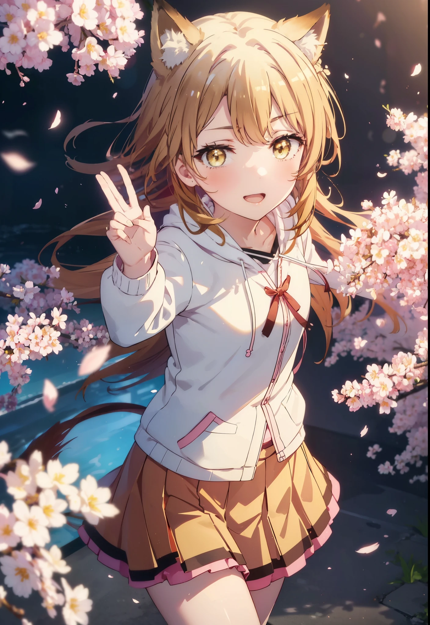irohaisshiki, iroha isshiki, long hair, brown hair, (brown eyes:1.5), happy smile, smile, open your mouth,short braided hair,ponytail,animal ears fox ears,animal tail Fox tail oversized pink hoodie,yellow pleated long skirt,white pantyhose,Mini Boots,walking,Cherry blossom tree-lined path,cherry blossoms are blooming,Cherry blossoms are scattered,Looking up from the afternoon,
break outdoors, garden,
break looking at viewer, Upper body,(cowboy shot:1. 5)
break (masterpiece:1.2), highest quality, High resolution, unity 8k wallpaper, (figure:0.8), (beautiful deしっぽed eyes:1.6), extremely deしっぽed face, perfect lighting, extremely deしっぽed CG, (perfect hands, perfect anatomy),