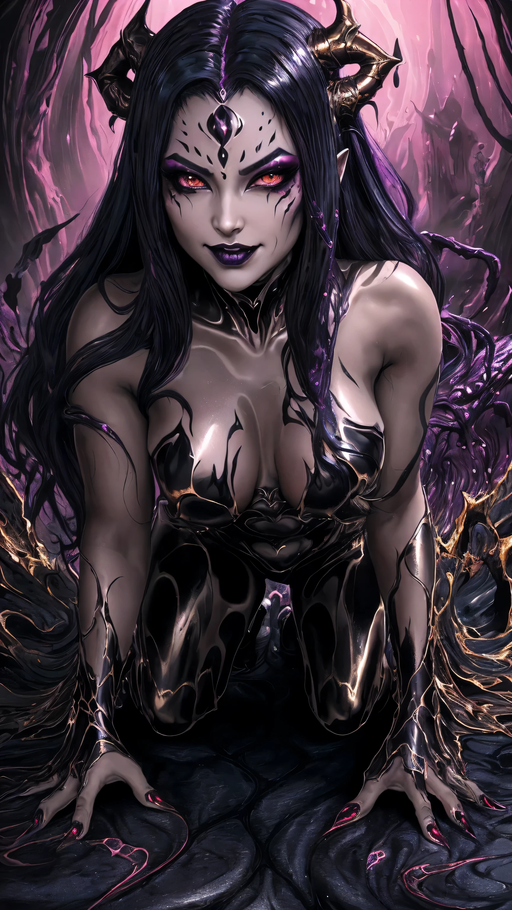 Full body portrait, demoness, arcane  lady, elise the spider queen, league of legends, arcane arachnid, crawling on hands and knees with legs spread wide open, all fours, fighting stance, open legs, seductive, busty, curvy hips,( body formed from metallic mauveine and metallic black gold liquid metallic paint twisting into a beautiful interpretation of the female figure), long sharp fangs, au naturel, ((complex metallic colours in the foreground)), (( fluid mechanics, the loveliest smooth scale face makeup, menacing smirky expression)) - dark blood, onyxia