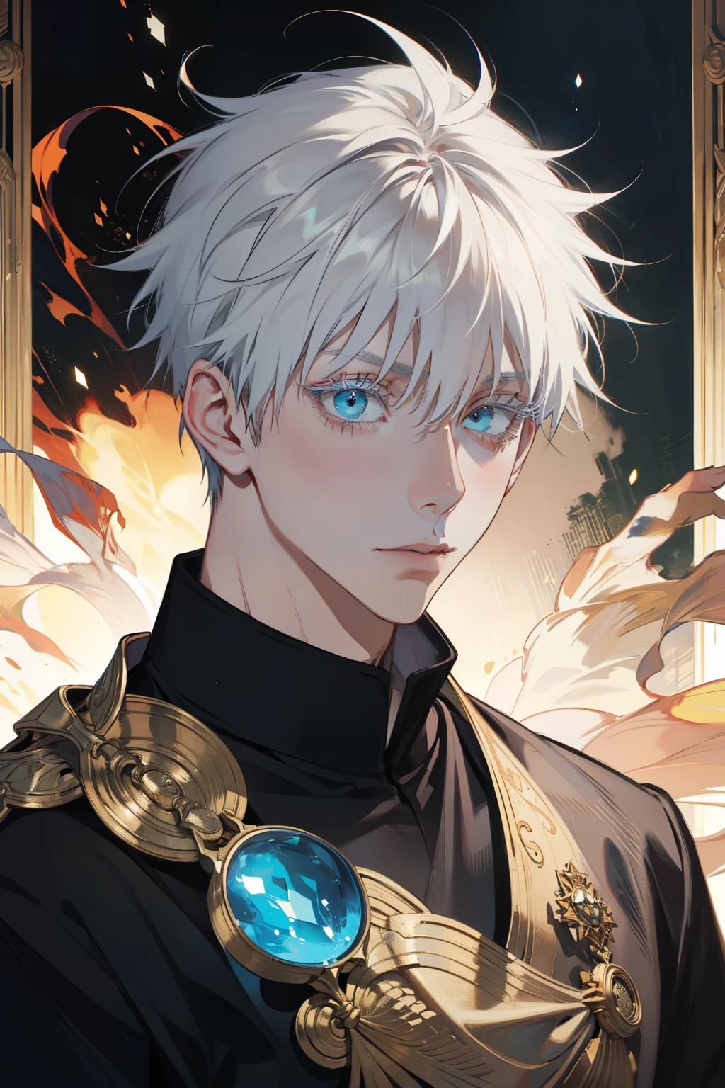 (absurdres, highres, ultra detailed), 1 male, Messy white hair, Aquamarine eyes, White lashes, Looking at the camera, Jujutsu Kaisen, Gojo Gojo, finely detailed eyes and detailed face, the fool \tarot\, bard, clown, Symbolism, Visual art, Occult, Universal, Vision casting, Philosophical, Iconography, Numerology, Popularity, Artistic, Alfons Mucha
