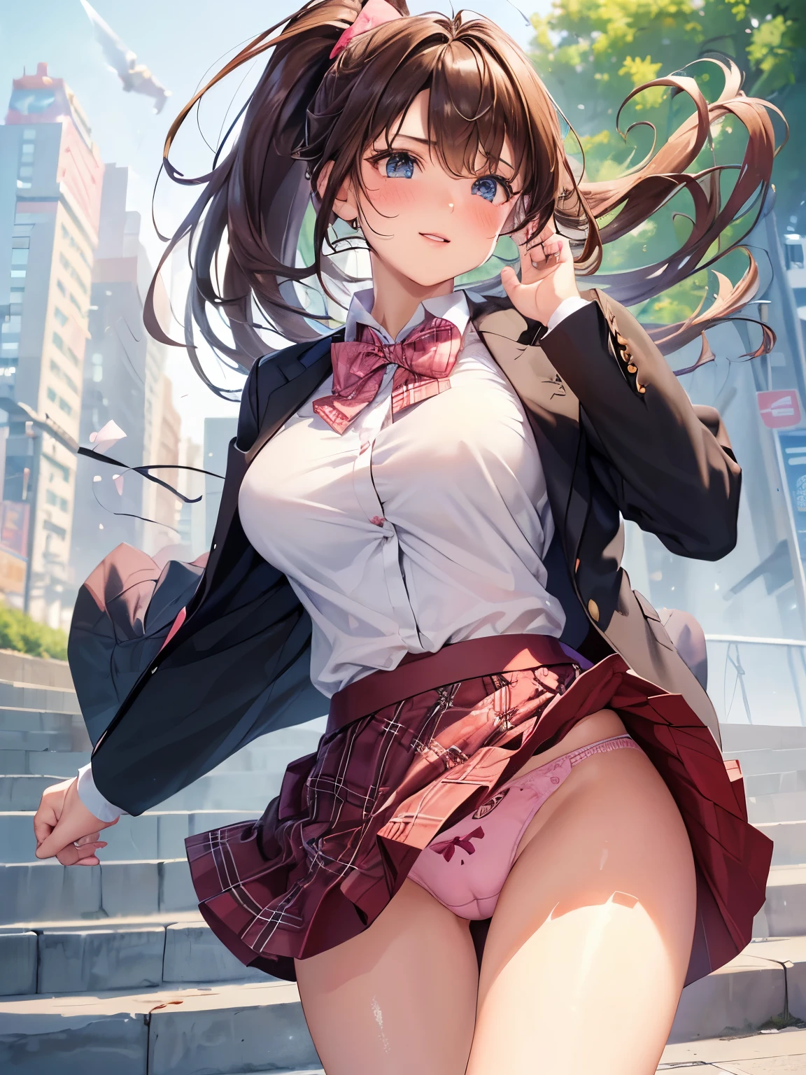 ((highest quality, High resolution, perfect pixel, 4k))), 1 woman, beautiful woman、I could see the whole body、walking down the subway stairs、lots of commuters、 ((ponytail, bangs, brown hair)), ((brown eyes, beautiful eyelashes, realistic eyes)), ((detailed face, blush:1.2))、((smooth texture:0.75, realistic texture:0.65, realistic:1.1, Anime CG style)), large breast, dynamic angle, perfect body, ((red bow tie, Black open jacket, white shirt, black skirt, plaid skirt)), embarrassing smile、(The shirt is slightly transparent:1)、(The wind is blowing up my skirt:1.5)、(Highly detailed and luxuriously decorated panties、pink lace satin panties:1.3), Angle from the front