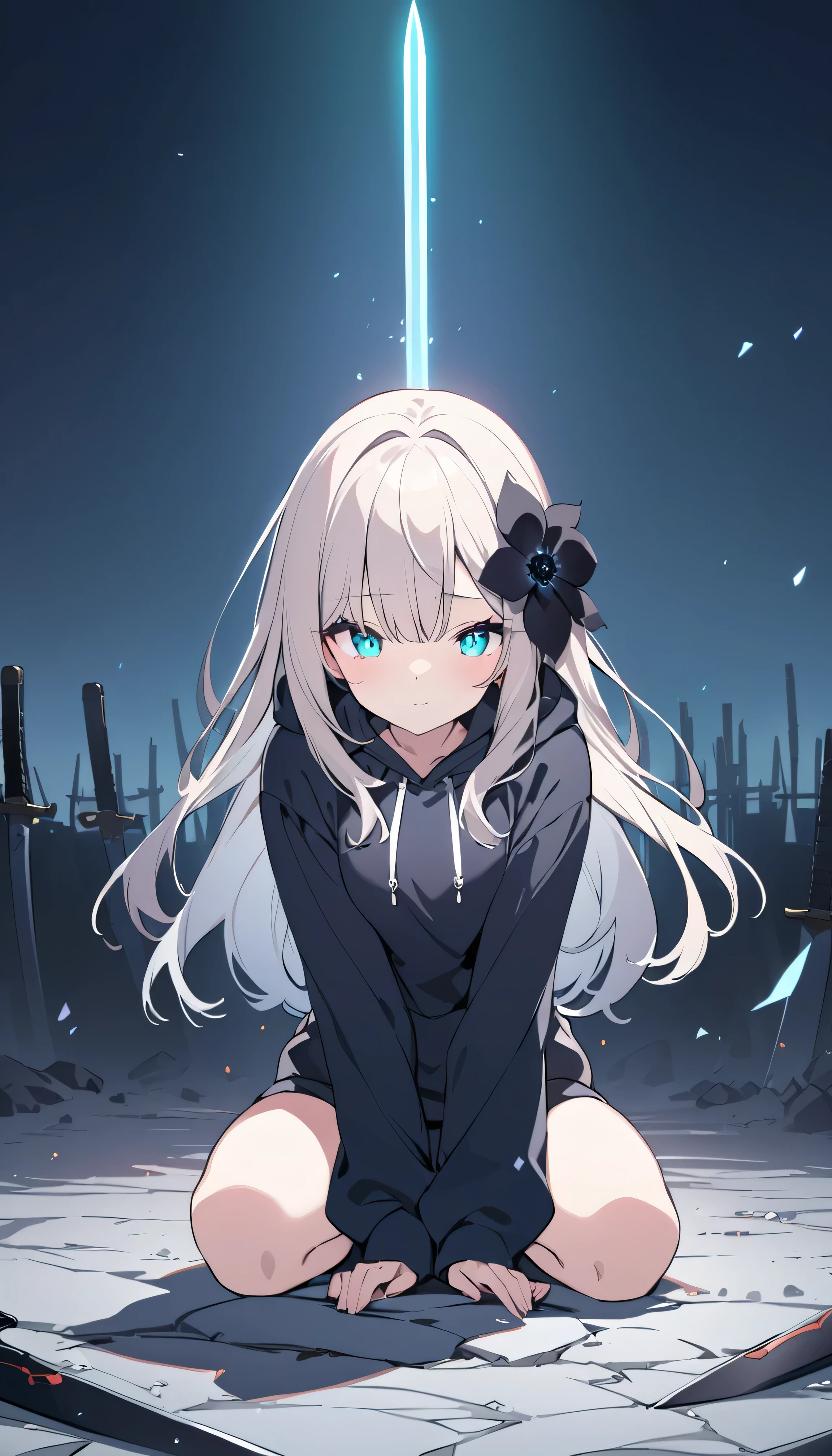 Masterpiece, saturate, full HD, best quality, 1girl, ( young girl, cute girl), slim body.medium breast, white  light hair.detailed beautiful eyes. Glowing eye. Bright aqua eyes, long hair, bangs, black flower hair ornament, black hoodie oversized, holding sword. Black flower hair ornament. girl's head facing upwards, shadows surrounding girl, foggy theme, rocky plain background and many swords sticking into the ground, foggy
 
