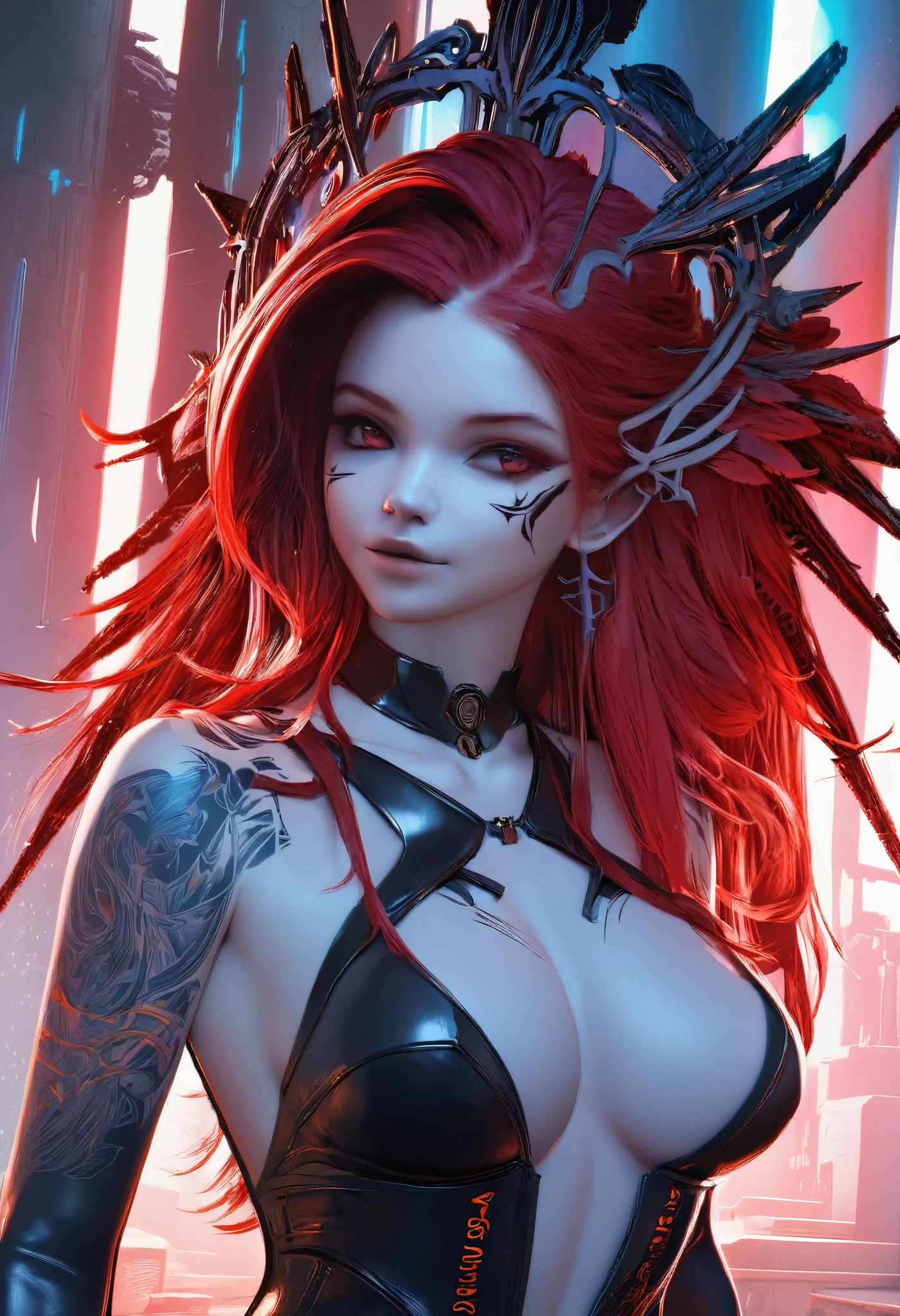 ((Create, Red-haired young girl-16+, demoness), (full height, very beautiful, long red hair, smooth clean, white skin, open body, bare shoulders))_ ((Red and black short evening dress), (dear jewelry, esoteric symbols, cyberpunk implants, electronic technology), (expensive futuristic jewelry on the body), (tattoos)), (her body is grace, elegance, ideal figure, a girl with long red hair, waist-length), (black metal , leather corset, rock stars), (demonic image, body in tattoos), (corset of belts, fasteners and fastenings, electronic implants woven into her outfit), (Goddess of Darkness, angel of the cyber World.), (magic amulets on breasts, cabalistic symbolism))_((Dynamic expressive image, detailed skin texture, graceful figure, sexy girlfriend, tattoos, erotic, dark angel)), (( NSFW))_(((Bright, anime style, cyberpunk), (Stylized Italian Renaissance, great art ), (magic and cyberpunk mixed together), (distant esoteric future, high technology - magic), (masterpiece, highest quality, background - futuristic horror style, engineering structures, temple of cyber technology))_ ((Clear frame, soft shadows , contrasting light), (warm range of colors, golden light, contrasting light with cold backlighting from the side, expressing volume and shape))_ ((Stylized 3D visualization imitating comic book graphic technique), (clear line, clear outline, shading, color fill))_((High quality, 4K | Ultra HD | Full HD, cinematic rendering)).
