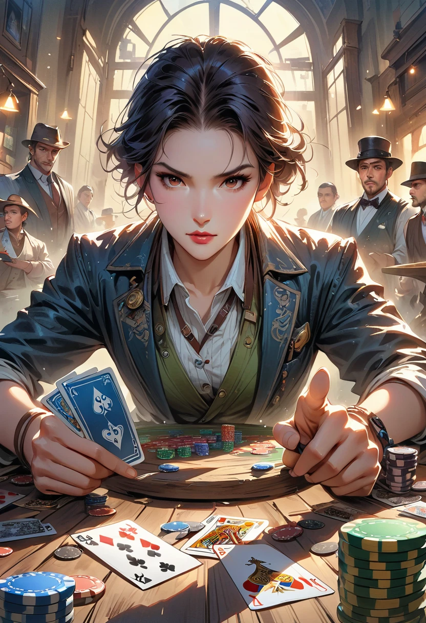 A retro game of poker, (best quality, highres, HDR, realistic), vivid colors, extreme detail description, (concept artists), vintage playing cards, antique wooden table, old-school poker chips, classic card combinations, players wearing stylish vintage outfits, smoky room, dim lighting, intense expressions, (portrait:1.1) of players' faces, hands holding cards, (realistic shadows), (bokeh) effect on the background, intense atmosphere, (professional), (sharp focus).