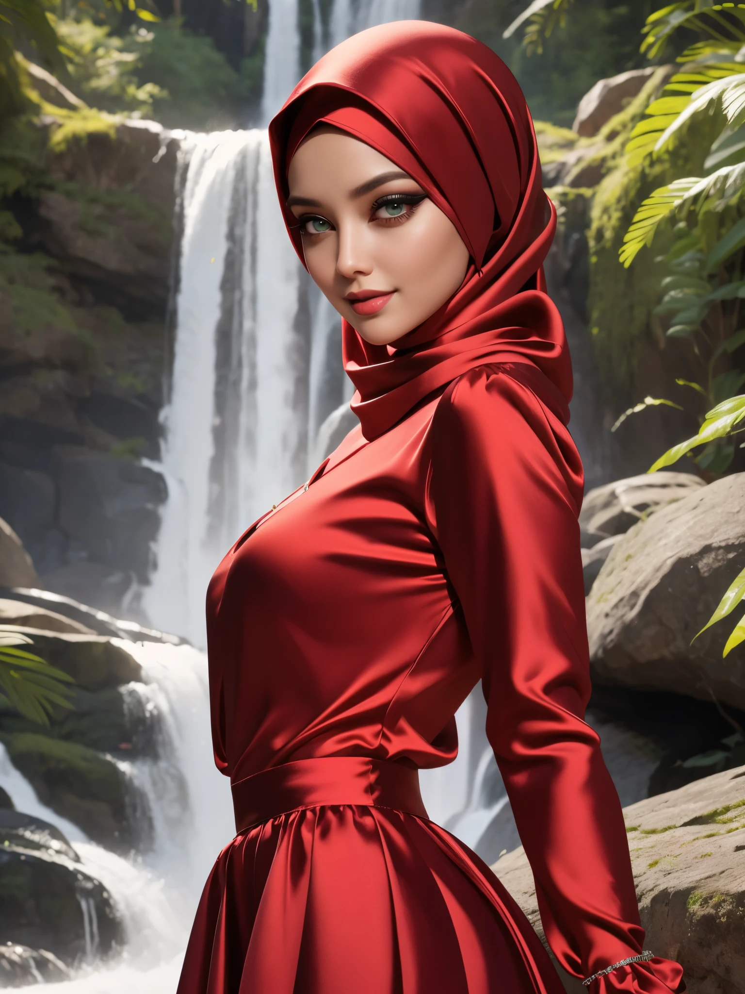 3dmm style, (Masterpiece), realistic, best quality, best lighting, extremely detailed artgerm, style artgerm, beautiful mature woman, 1 girl photo solo, beautifully makeup, eyeshadow,green eyes Parted Lips, Detailed Eyes, ((beautiful big eyes)), long eye lashes, dimples on the cheeks, smile, wearing silk turban hijab, ((Dark red satin hijab)), loosely tide hijab style, shining silk, satin, red satin, ((red satin long sleeve shirt and satin long skirt)), (Close-up portrait), Front view, Standing Symmetric Centre, facing the viewer, waterfall nature background.