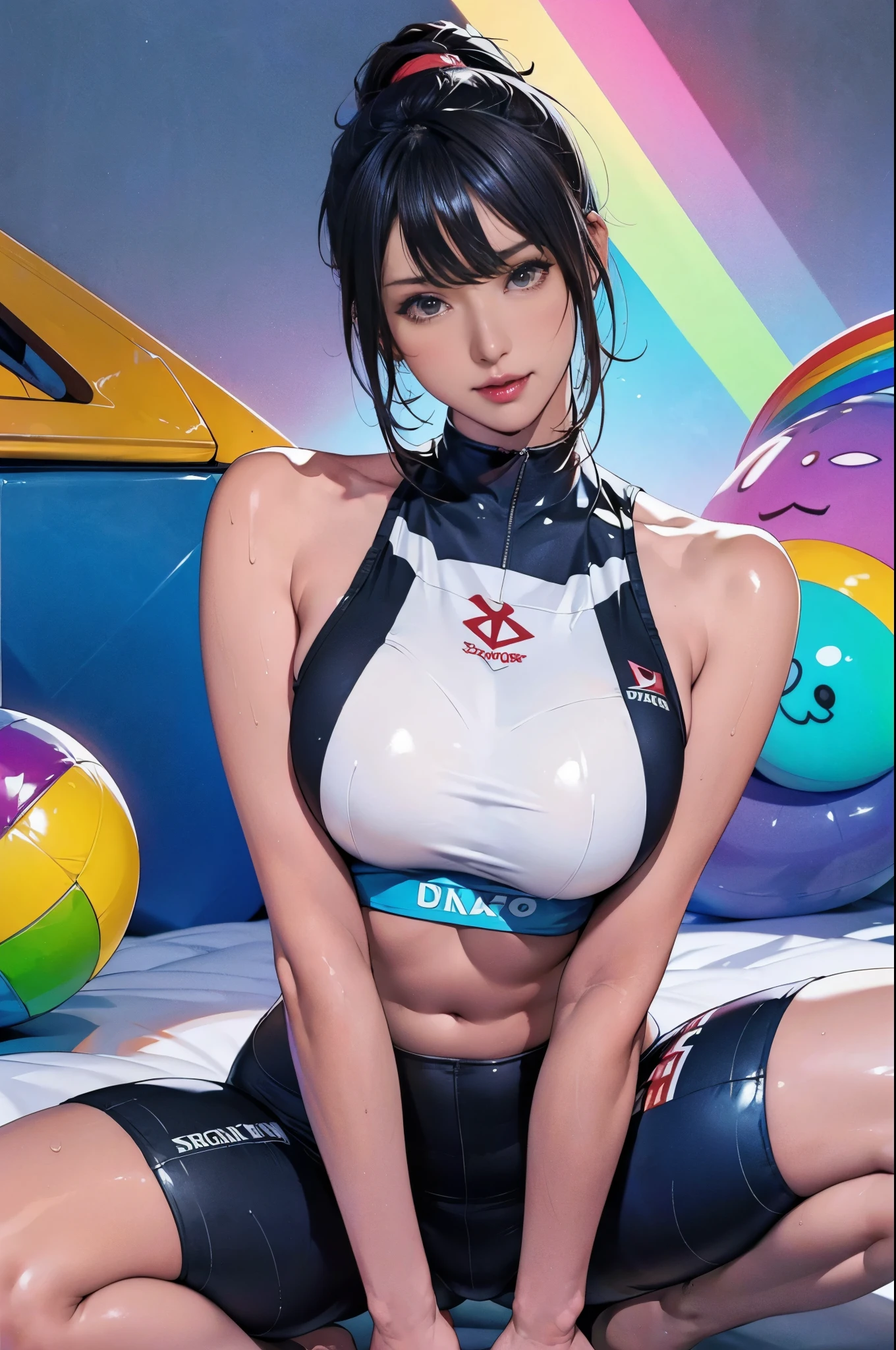 Squatting！、dynamicposes、legs spread out、eye glasses、darkskin、Sponsor Logo、(lightsmile:1.07),cyberpunked、Sleeveless、(Shiny colorful beach volleyball costume)、(magazine:1.3), (cover-style:1.3),(Dripping wet body:1.15)、Hands behind the head、(FULL BODYSHOT)、((​masterpiece))、 super fine face and eyes，Colorful Korean Idol Hair，Look at viewers、