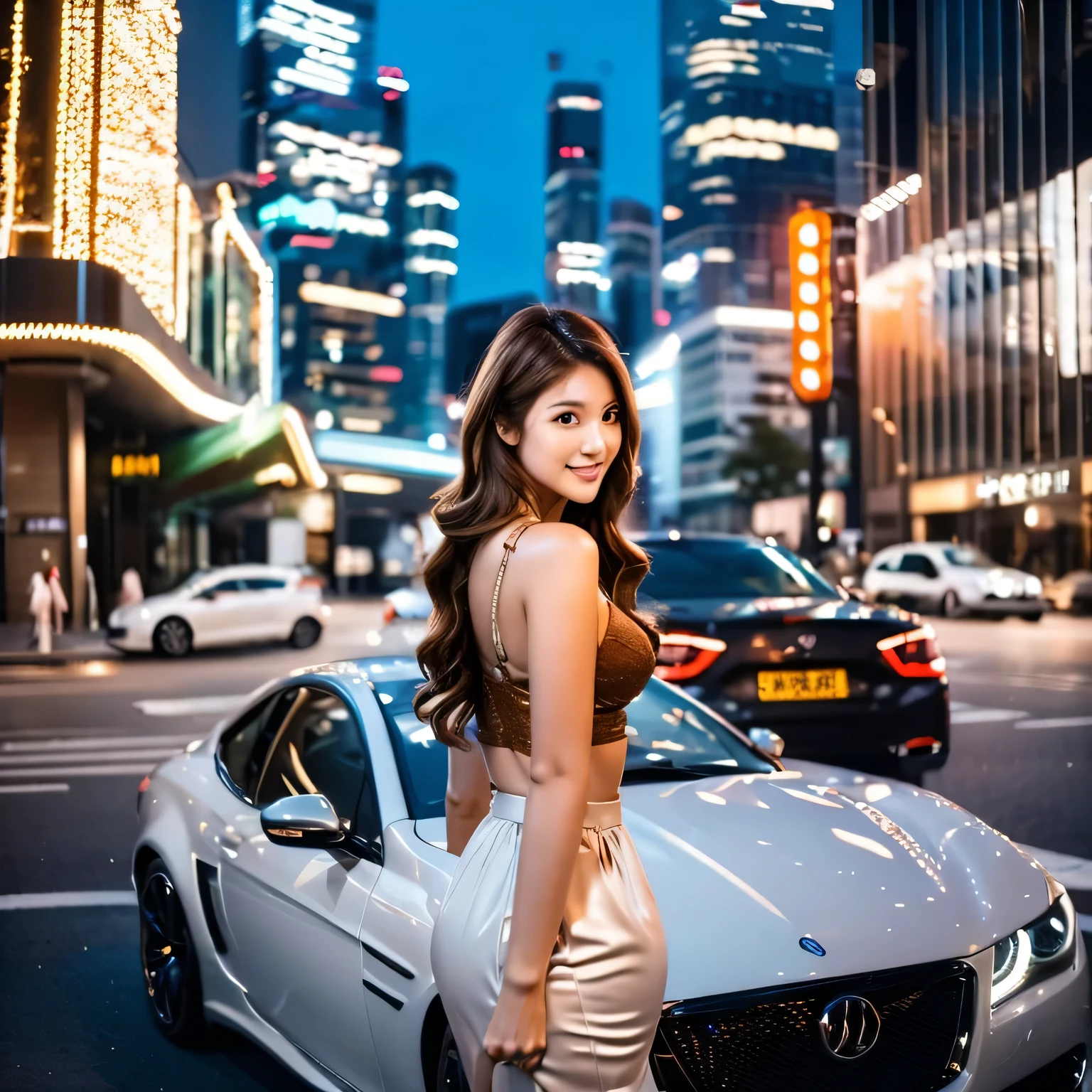 Two cars and a beautiful woman&#39;s sexy pose night view cityscape brown hair long hair
