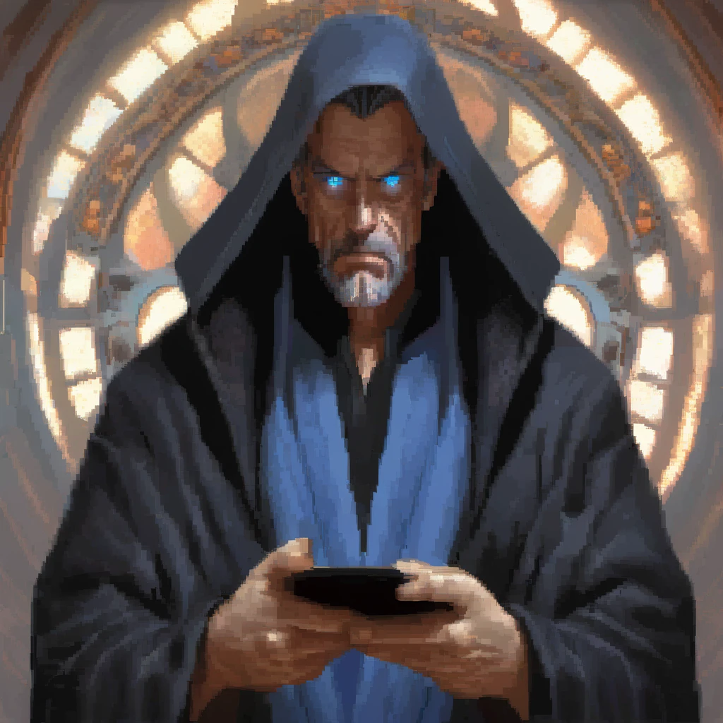 snes style, retro game, a man wearing a black robe with blue eyes, highly detailed, digital painting, artstation, concept art, smooth, sharp focus, illustration, art by simon bisley and greg rutkowski and alphonse mucha, 8 k  octane render, 3 d