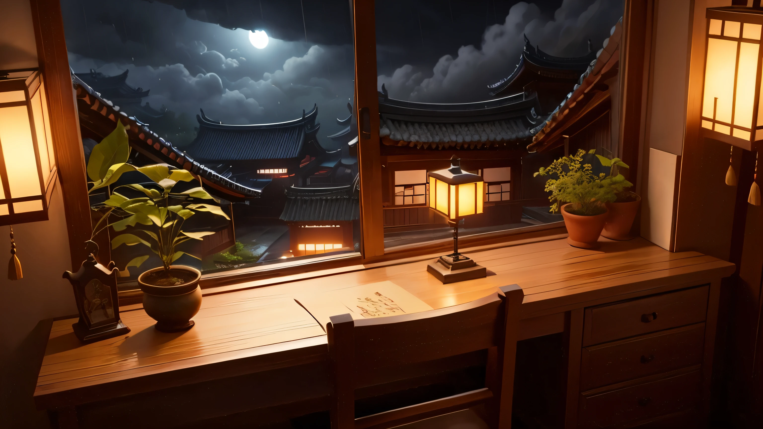 Night scene, Chinese style courtyard, cloudy and rainy day,