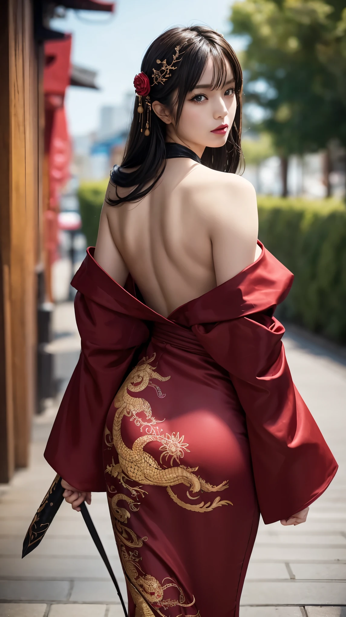 top quality, official art, beautiful and aesthetic:1.2), 1girl, tattoo, solo, japanese clothes, sexy intricate red and black kimono, hair ornament, unsheathing, black hair, sheath, back tattoo, dragon tattoo, blue eyes, off shoulder, bare shoulders, looking back, flower, looking at viewer, holding, makeup, outdoor, big breasts and hourglass figure, ultra detailed, black hair, hime cut, from behind, first-person view, pov, cowboy shot, bokeh, masterpiece, best quality, masterpiece, super detail, anatomically correct, high quality, best quality, highres, 16k