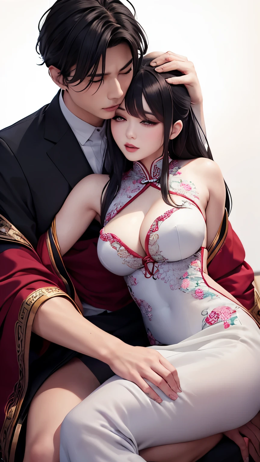 Drunk woman, Hug a man&#39;s neck, handsome man with fierce eyes, Wear ancient Chinese clothing, A woman sits on a man's lap.