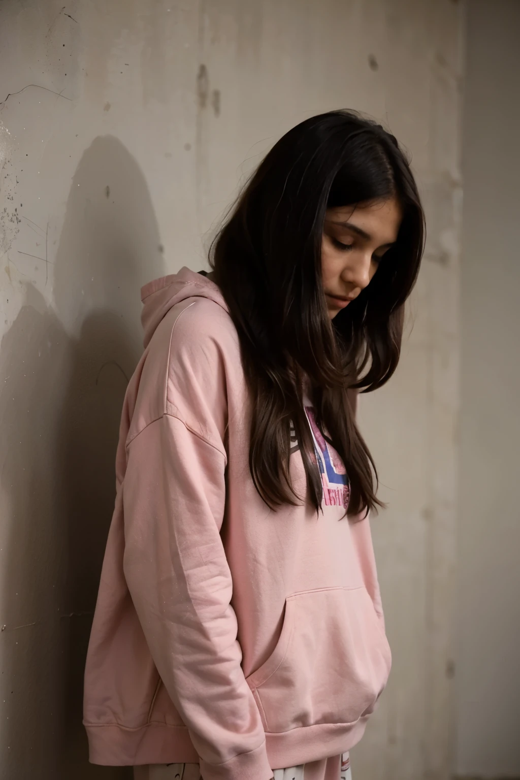 wearing colorful clothes , grafitti wall , hiding face inside the cap of hoodie, indian, baggy pyjama, wearing extra large hoodie, indian, facing away, unable to identify male or female, female, long hairs. face covered by hair