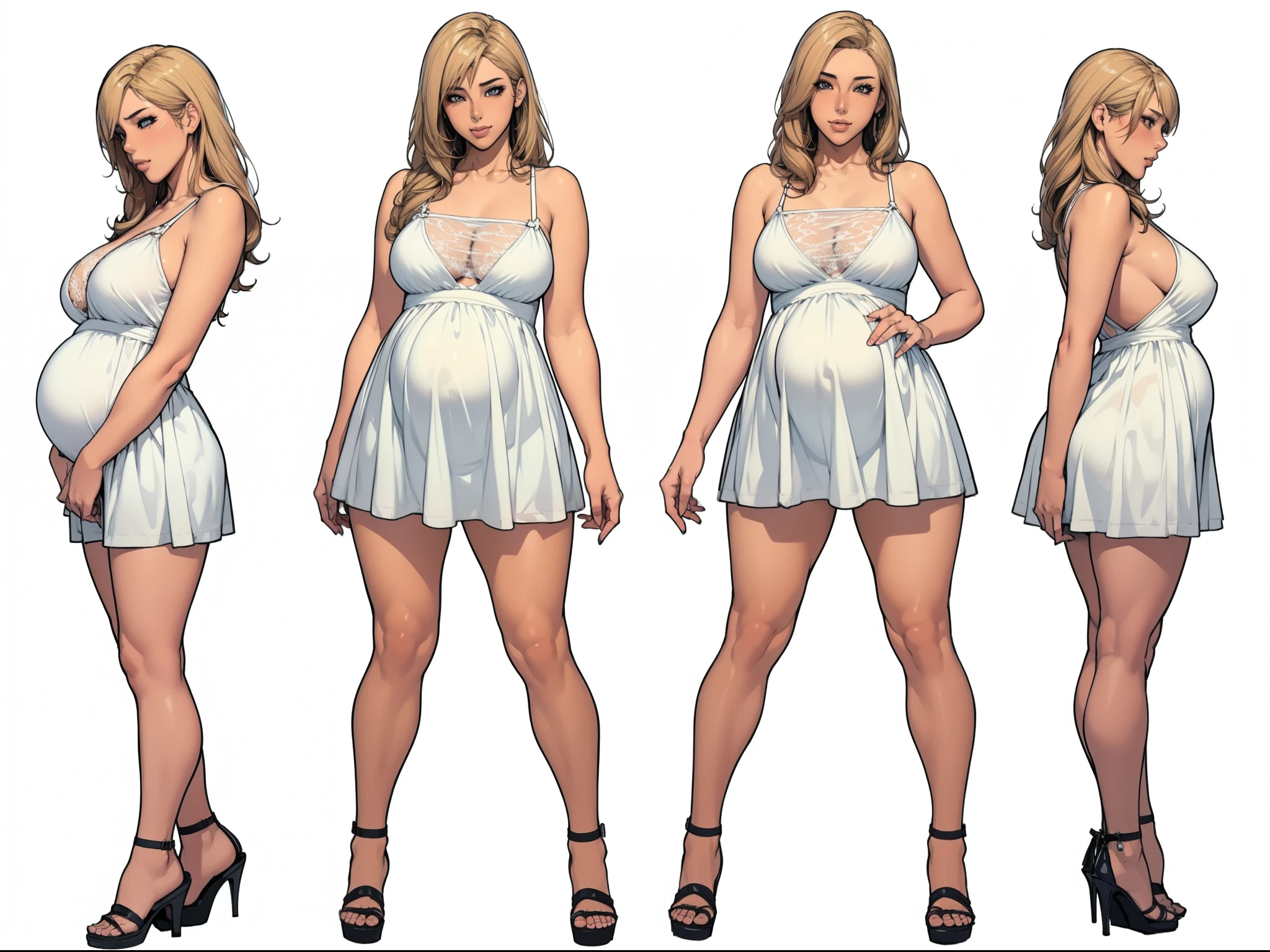 ((masterpiece)),(((best quality))),((character design sheet)), ((full body view)) illustration,1girl, thick thighs, ((sundress:1.2)), ((detailed face:1.4)) Just the right kind of 14-year-old japanese sunburn pregnant kuro Gyaru pregnant for promiscuous sex friend, rough sketches, solid color backdrop, clean backdrop,