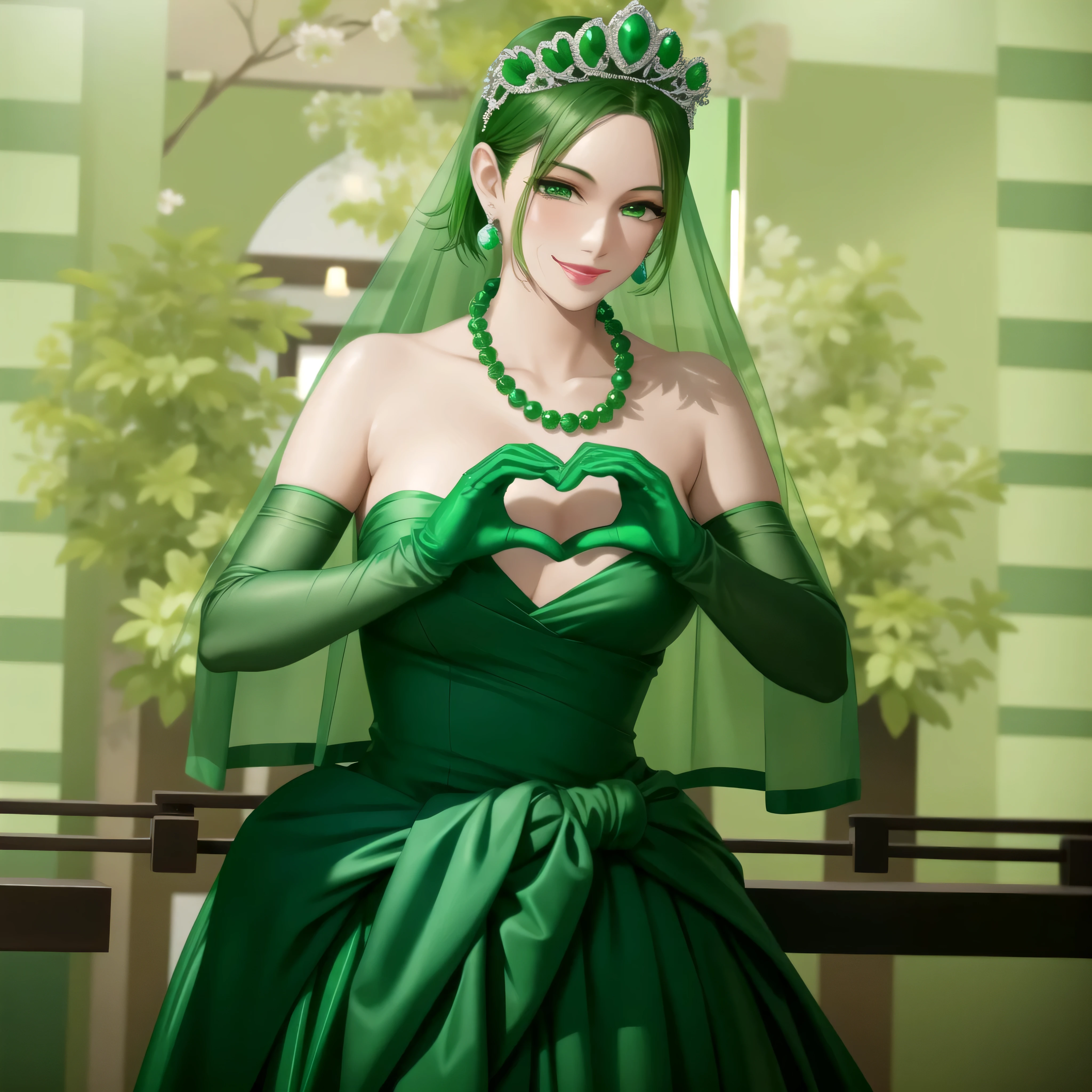 emerald tiara, green pearl necklace, boyish very short green hair, green lips, smiling Japanese woman, very short hair, Beautiful woman with big breasts, green eyes, green satin long gloves, green eyes, emerald earrings, green veil, Heart with both hands, green hair, beautiful japanese woman, heart shaped hands:1.3, green lip gloss