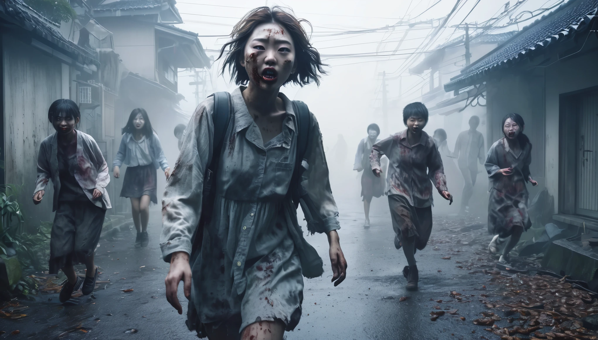 Tokyo ruins,dreamy darkness,fog,Soft lighting effects,
A girl is chased by a group of zombies with mutated faces, Tense atmosphere,Detailed face, dirty environment,shabby clothes,masterpiece, best quality, Super detailed, lifelike, original photo