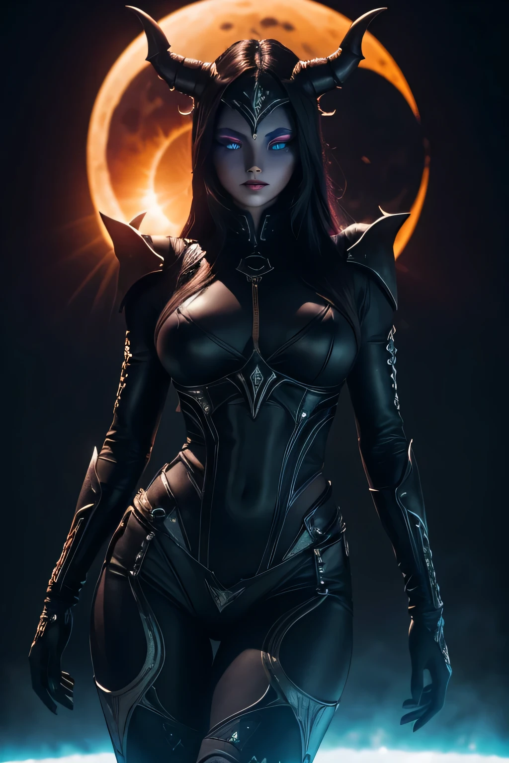 una chica demonio con cuernos y con un eclipse de sol de fondo, estilo H.R. giger, dynamic, colorful lighting,, 8K, 4k, (high resolution:1.1), Mejor calidad.