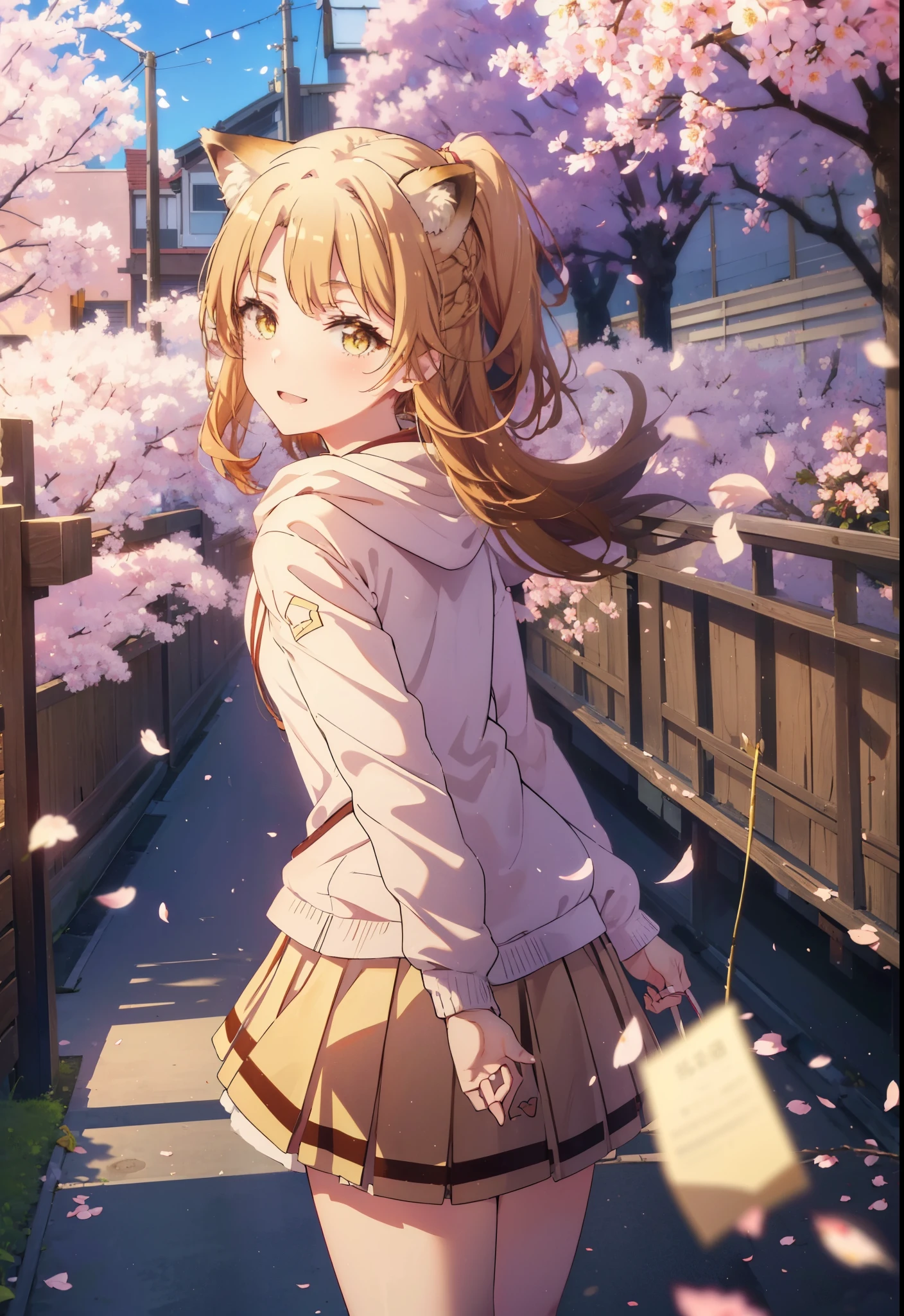 irohaisshiki, iroha isshiki, long hair, brown hair, (brown eyes:1.5), happy smile, smile, open your mouth,short braided hair,ponytail,animal ears　fox ears,animal tail　Fox tail oversized pink hoodie,yellow pleated long skirt,white pantyhose,Mini Boots,walking,Cherry blossom tree-lined path,cherry blossoms are blooming,Cherry blossoms are scattered,Looking up from the afternoon,
break outdoors, garden,
break looking at viewer, Upper body,(cowboy shot:1. 5)
break (masterpiece:1.2), highest quality, High resolution, unity 8k wallpaper, (figure:0.8), (beautiful deしっぽed eyes:1.6), extremely deしっぽed face, perfect lighting, extremely deしっぽed CG, (perfect hands, perfect anatomy),
