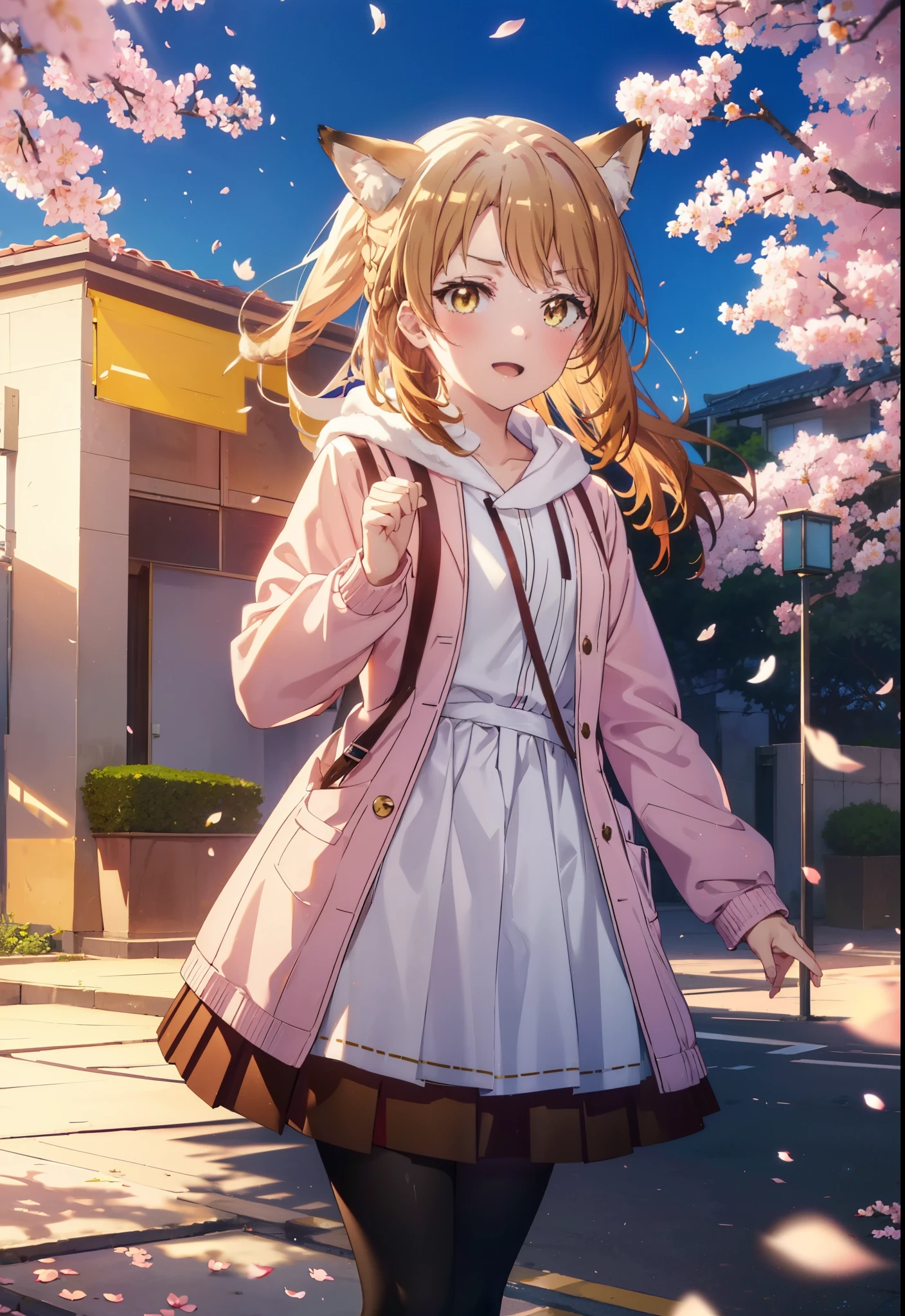 irohaisshiki, iroha isshiki, long hair, brown hair, (brown eyes:1.5), happy smile, smile, open your mouth,short braided hair,ponytail,animal ears　fox ears,animal tail　Fox tail oversized pink hoodie,yellow pleated long skirt,white pantyhose,Mini Boots,walking,Cherry blossom tree-lined path,cherry blossoms are blooming,Cherry blossoms are scattered,Looking up from the afternoon,
break outdoors, garden,
break looking at viewer, Upper body,(cowboy shot:1. 5)
break (masterpiece:1.2), highest quality, High resolution, unity 8k wallpaper, (figure:0.8), (beautiful deしっぽed eyes:1.6), extremely deしっぽed face, perfect lighting, extremely deしっぽed CG, (perfect hands, perfect anatomy),