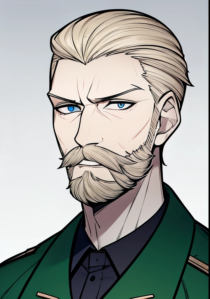 Young Adult male, white and tender skin, pale blonde slicked back combed short hair, kaisermustache, ducktail beard, steel blue eyes, green and slightly mature, serious and emotionless facial expression,wearing world war 2 era german fatigues, portrait style, facing forwards