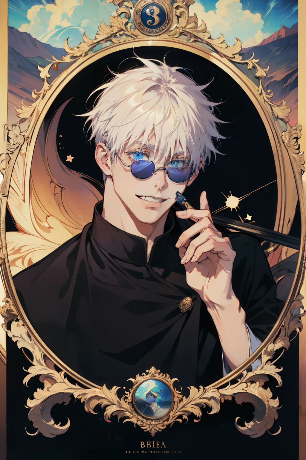 (absurdres, highres, ultra detailed), upper body, solo, male focus, 1boy, gojo satoru, grin, looking at viewer, sunglasses, round eyewear, , black jacket, high collar, the fool \tarot\, bard, clown, Symbolism, Visual art, Occult, Universal, Vision casting, Philosophical, Iconography, Numerology, Popularity, Artistic, Alfons Mucha
