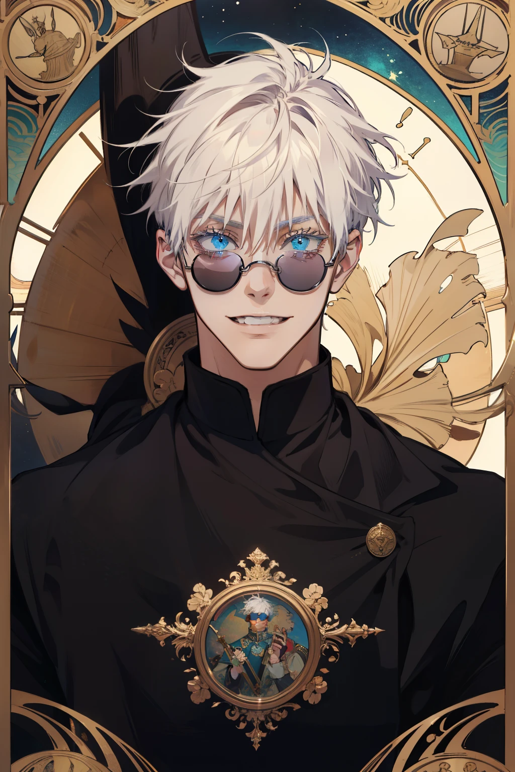 (absurdres, highres, ultra detailed), upper body, solo, male focus, 1boy, gojo satoru, grin, looking at viewer, sunglasses, round eyewear, , black jacket, high collar, the fool \tarot\, bard, clown, Symbolism, Visual art, Occult, Universal, Vision casting, Philosophical, Iconography, Numerology, Popularity, Artistic, Alfons Mucha
