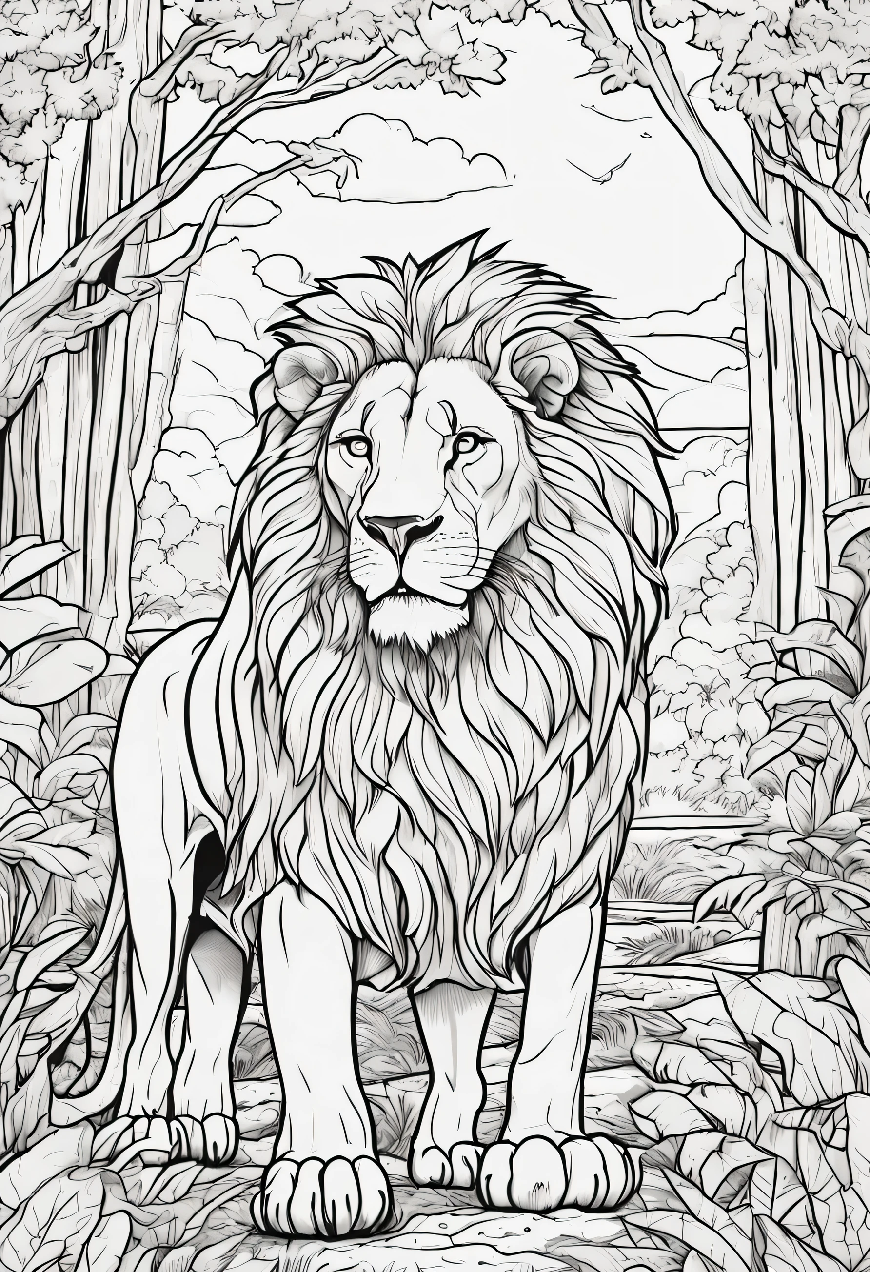Lion in the forest coloring book,estilo de desenho animado,linha grossa,color not,fundo branco,dash only