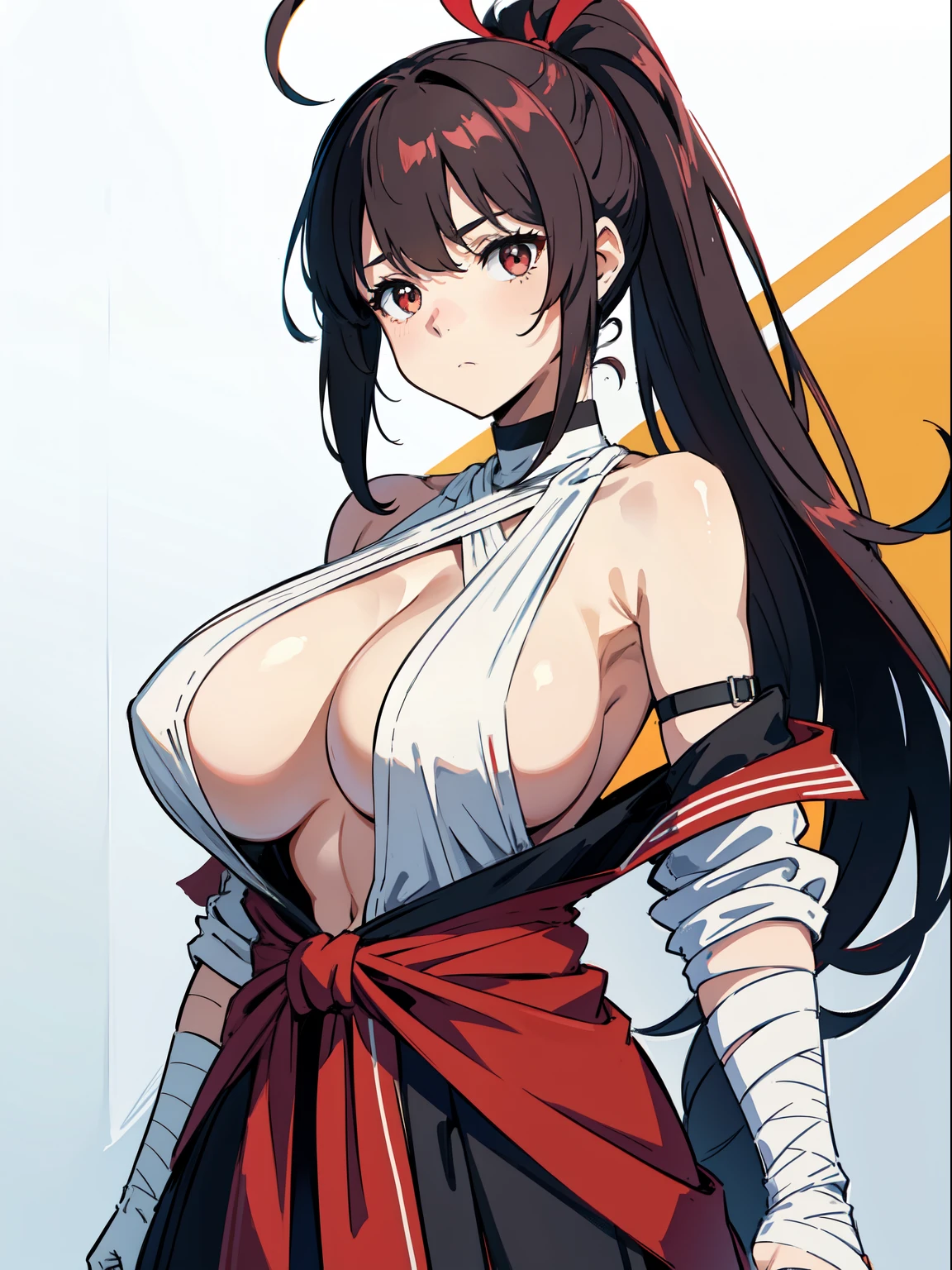 https://static.senpri.com/img/card/bustup_l/a455cfb6dff18873c825b9321410c3.png?img=811, (best image quality, best, girl), one girl, girl in a ponytail wearing a red ribbon-shaped hair ornament, hair color dark brown, matching bangs, ahoge, ((vermilion around the eyes)), ((black eyes)), ((drooping eyes)), confidence, satisfaction, intimacy, (((expressionless)), (huge), (bandages wrapped around chest), (white loincloth)))), sexual expression, nudity, full body, very detailed, composition seen from below