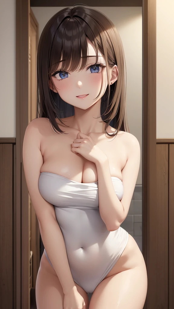 bathroom, masterpiece, highest quality, (maximum resolution: 1.2), (Ultra HDTV: 1.2), cinematic light, Ultra HDTV, (detailed eyes and skin), (detailed facial features), nffsw, 8K resolution, sharp focus: 1.2, perfect body, Anatomically correct, beautiful face, double eyelids, thin eyebrows, natural lip color, sexy Lady, 25 years old, cheeks are red, slender body, middle breasts, get into the bathtub, smile, wrapped body with fluffy towel