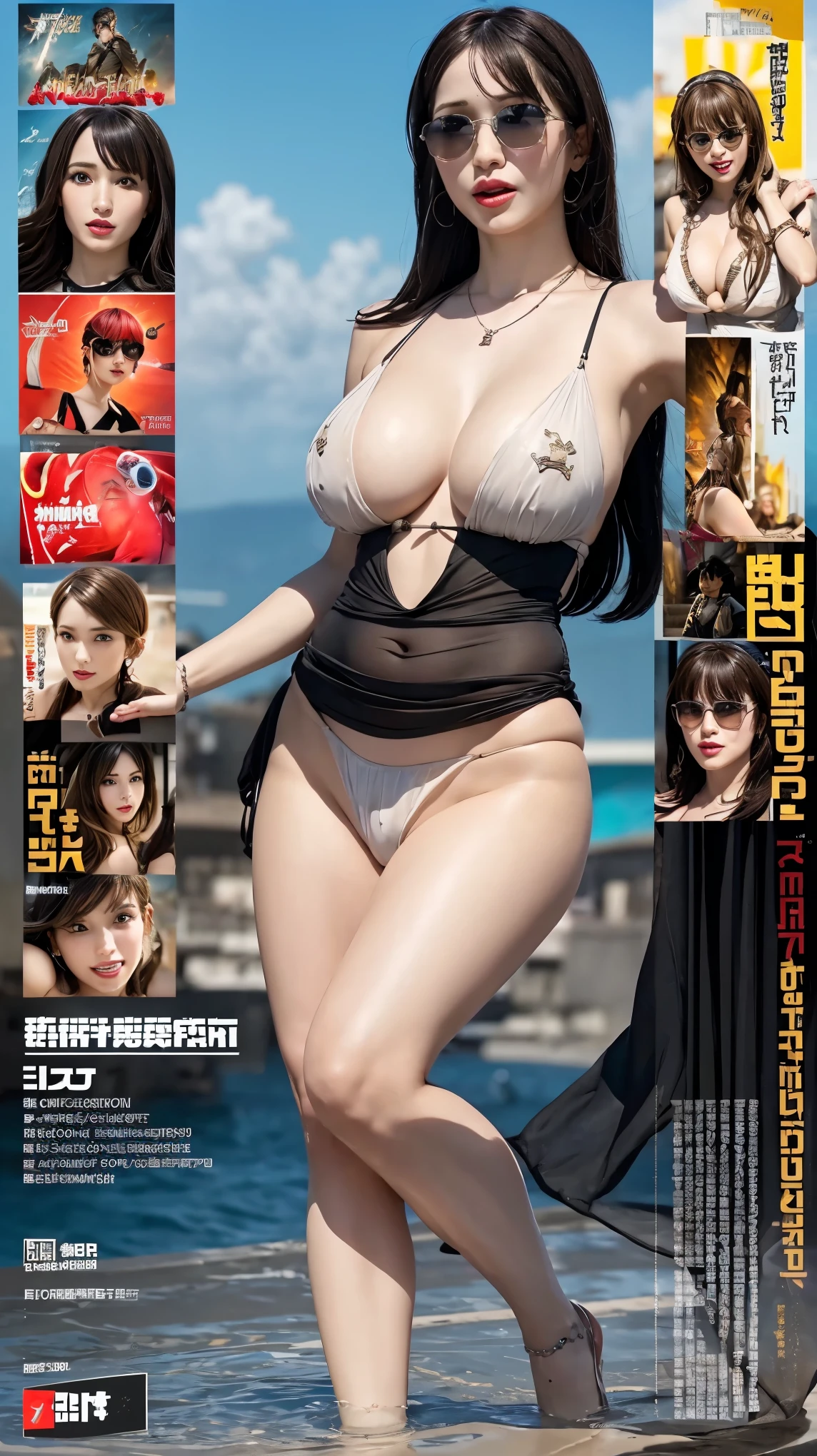 Realistic, Polite Dress, (Fighter Plane Action War Movie Poster), (Foundation Movie Reference: 1.8), Realistic, skimpy see-through transparent small size string red G-string, (Realistic Face Resolution), Cinematic Poses, Adult, hourglass body, I-cup big breasts, Long Hair, black hair, Woman 1 Person, Science Fiction, Sci-Fi, Different Supporting Characters, nsfw clothes, black hair, hime cut, jewelry, sunglasses, tiara, ahegao, masterpiece, anatomically correct, super detail, high quality, best quality, highres, 16k