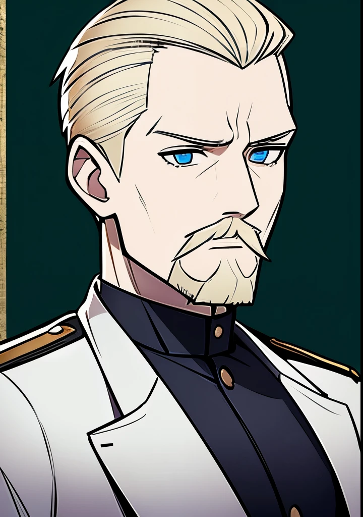 Young Adult male, white and tender skin, pale blonde slicked back combed short hair, kaisermustache, ducktail beard, steel blue eyes, green and slightly mature, serious and emotionless facial expression,wearing world war 2 era german fatigues, portrait style, facing forwards