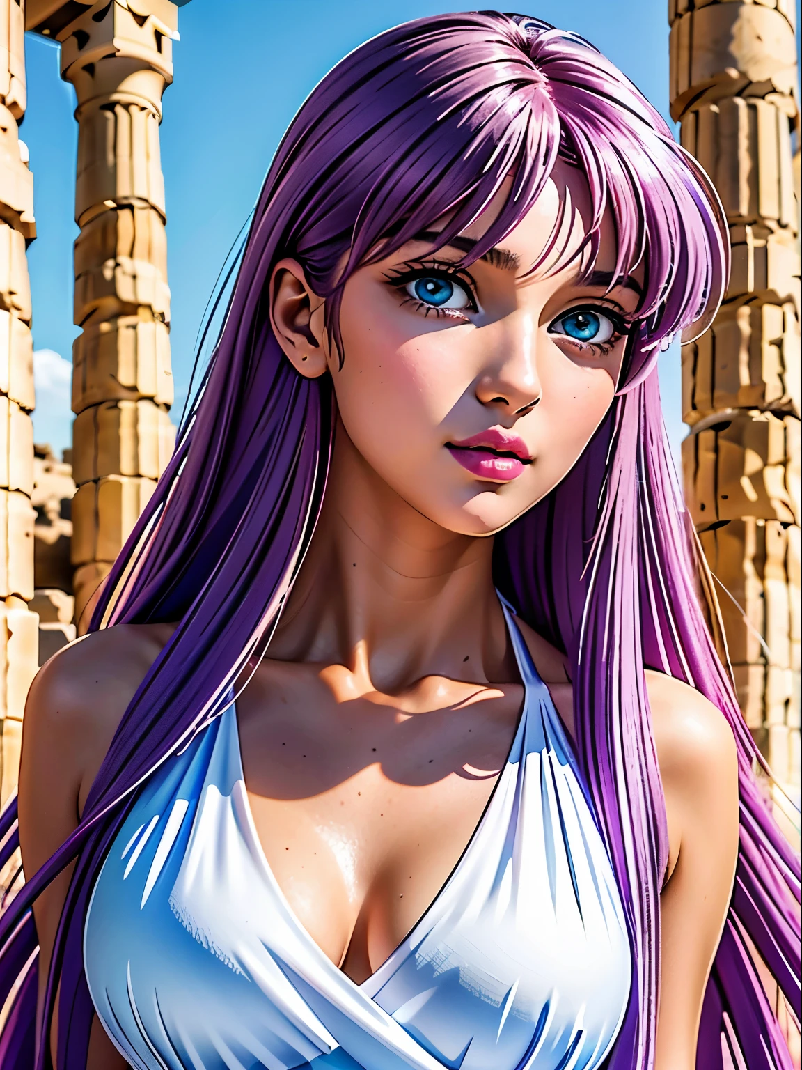 seios grandes, 1 garota, ((Saori Kido-Atenas)) com seios fartos, Seu cabelo claro violeta ou roxo no anime, and his eyes are green. Your hair is quite long and abundant, She has a slim and curvy body, a delicate face and pink lips, vestido branco longo, has a youthful appearance, qualidade, realista, best qualidade, sexy position, noite, ruins of ancient Greece