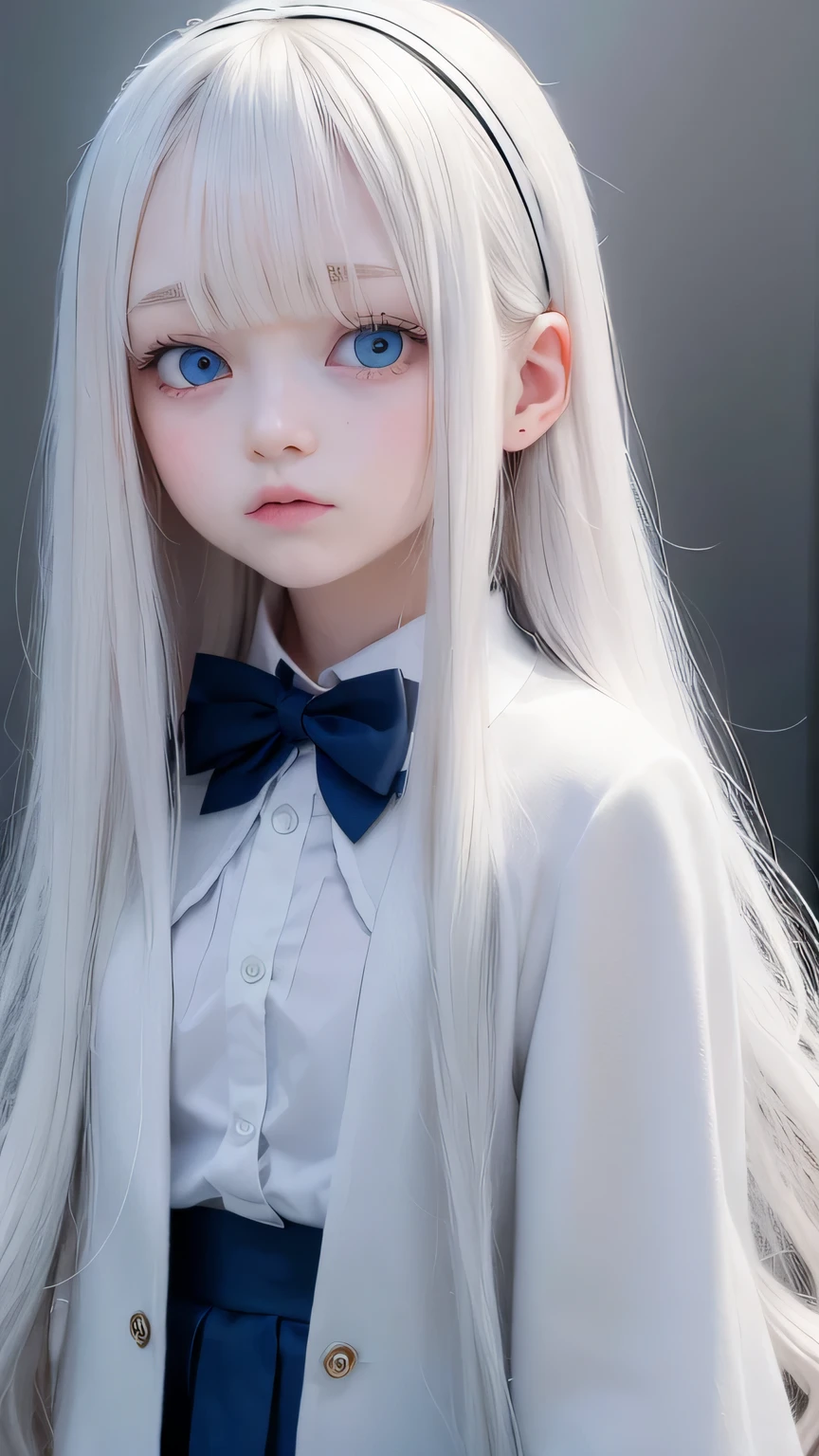 、Bangs that extend to the face、、12 years old、ba face、cute no、(thin nose)、(bulging eyes)、White-haired girl with long hair and uniform,white hair, pale porcelain white skin, The cutest faces,very long hair,alice in wonderland, white skin and blue eyes,porcelain pale skin, ( ( pale blue eyes) ),hair between eyes，school classroom,female primary school student,uniform,Perfectly double