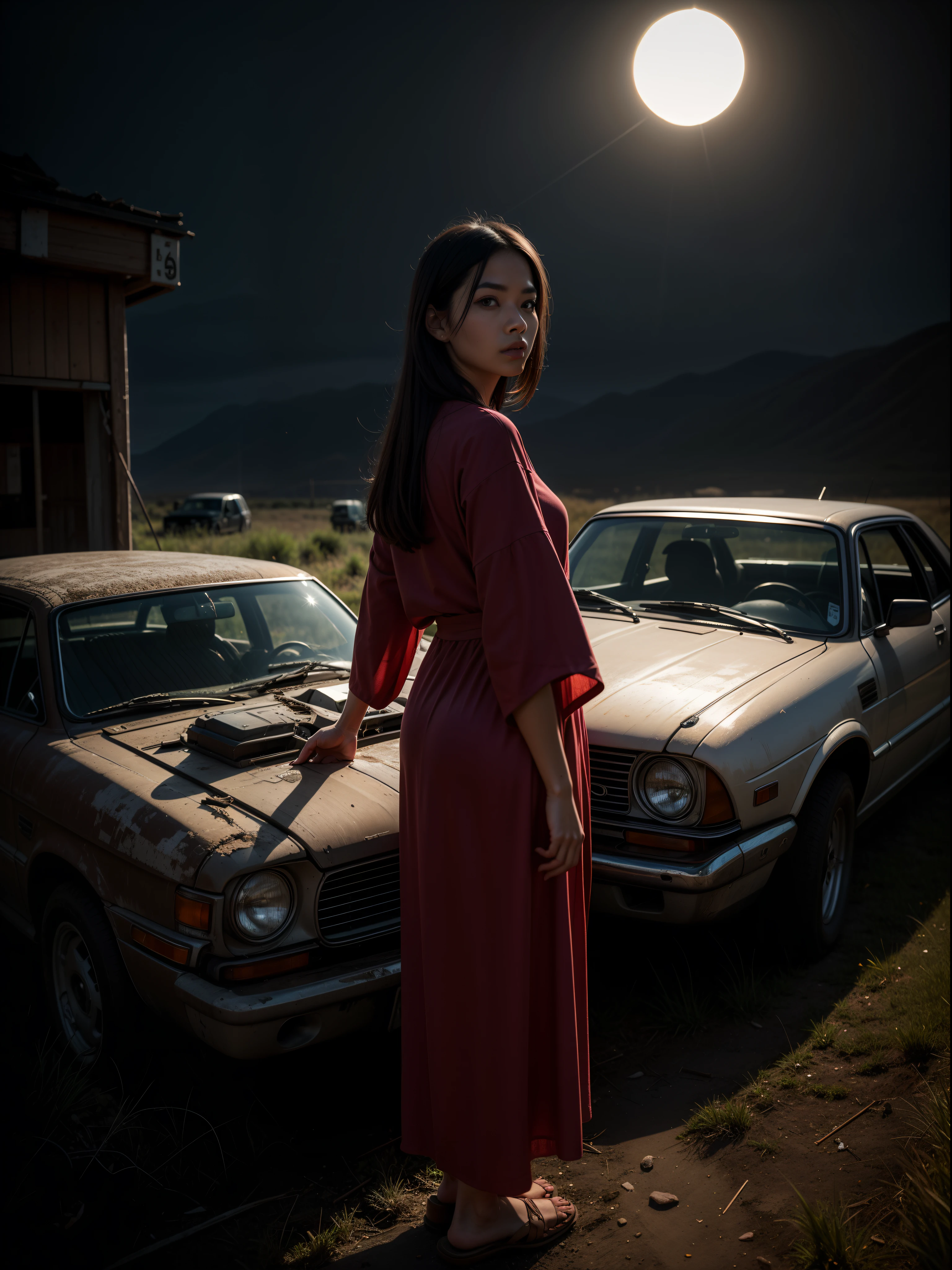 1 malay man (young 20 years old malay man) and 1 russian girl in hijab and wearing baju kurung at old abandoned gas station, route 90, old broken cars, sunset, bloom, kodachrome colors, sharp focus,(xx),(in the dark:2) Best quality, masterpiece, ultra high res, (photorealistic:1.4), (deep shadow:1.2),long hair, low key,black hair, night, realistic, photo-realistic ,(RAW photo, best quality), (realistic, photo-realistic:1.3),best quality,highly detailed,masterpiece,ultra-detailed,illustration,1girl,upper_body,dynamic angle,world masterpiece theater,messy_long_hair,best quality,extremely detailed CG unity 8k wallpaper,ink,Amazing,cinematic lighting,lens_flare, dunhuang_style,