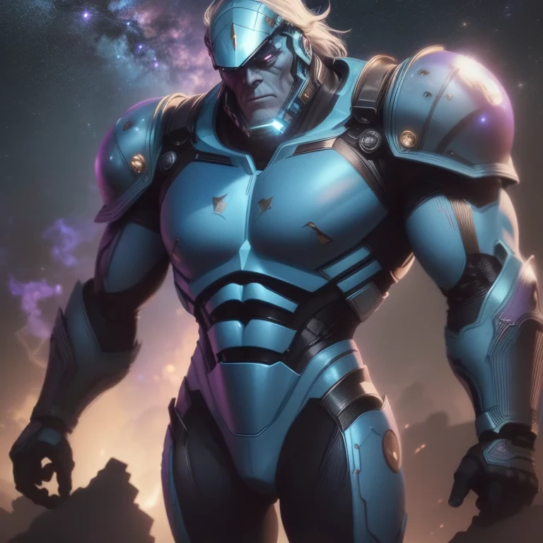 He Man themed super robot, dramatic pose in space, He Man standing on shoulder in space suit