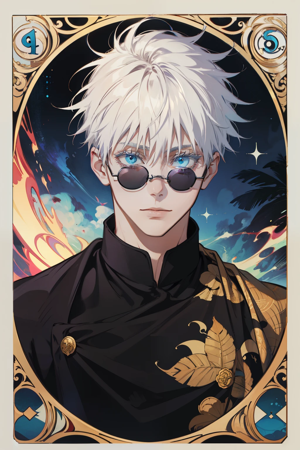 (absurdres, highres, ultra detailed), 1 male, Messy white hair, Aquamarine eyes, White lashes, Looking at the camera, Jujutsu Kaisen, Gojo Gojo,sunglass, finely detailed eyes and detailed face, the fool \tarot\, bard, clown, Symbolism, Visual art, Occult, Universal, Vision casting, Philosophical, Iconography, Numerology, Popularity, Artistic, Alfons Mucha