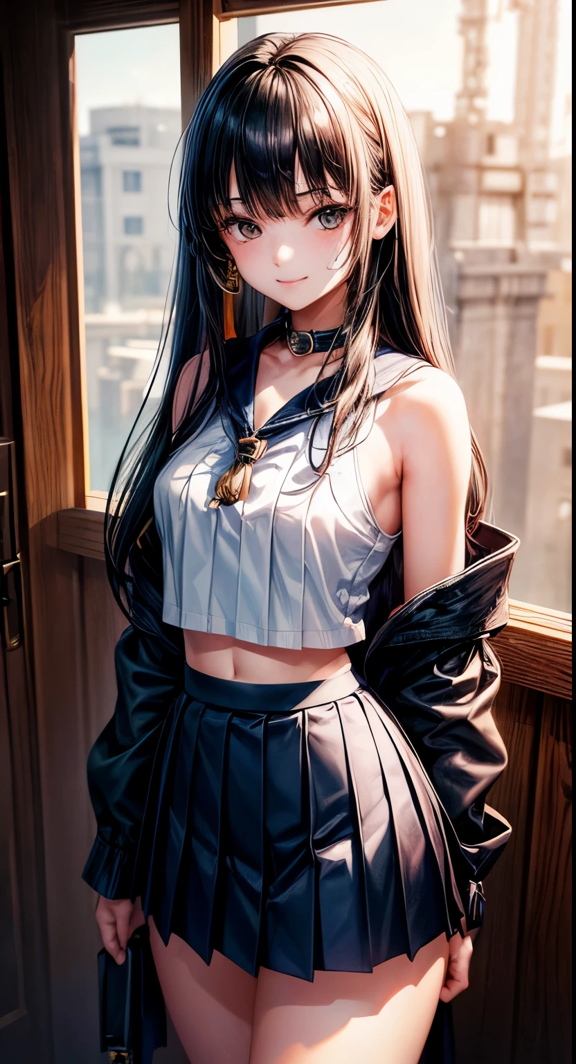 (Official art、Best Quality、Unity 8k Wallpapers、32K、 masterpiece、ultra-detailliert、High resolution,Perfect Anatomy),(natural soft light:1.2),Detailed beautiful face and eyes,cowboy shot,(focus 1woman,solo),25-year-old beauty、japanes, (black hair,long hair,blunt bangs,black eyes),a smile,(smaller head:1.3,ideal ratio body proportions:1.3,skinny:.1.2,tiny breasts),(navy blue collar:1.3,Navy pleated mini skirt:1.3)、Combat boots、steam punk:1.2,