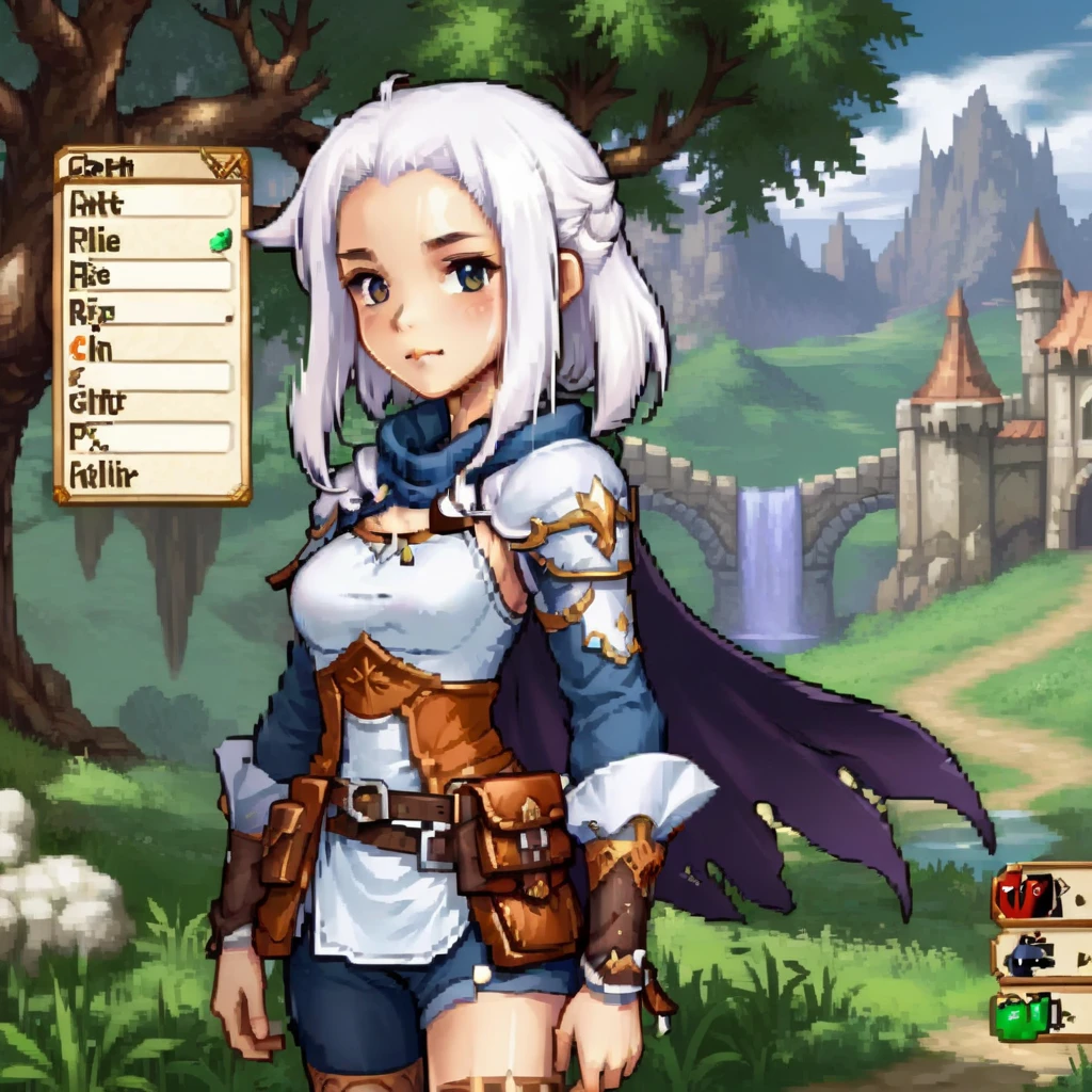 For gaming style images, Create an RPG game scene，Has detailed dialog box with character portrait. Scenes are vivid and immersive, Typical fantasy role-playing game, with lush, Mysterious landscape in the background. Portraits of people stand out, Place next to the dialog box，to facilitate character recognition. The portrait shows an expressive figure, Wear clothing appropriate to the fantasy theme of the game. The style of the dialog box is gorgeous, medieval font, Enhance RPG feel, it contains fascinating, story driven text，Suggests an epic task or important decision.,  cute girl, Special clothing, white hair