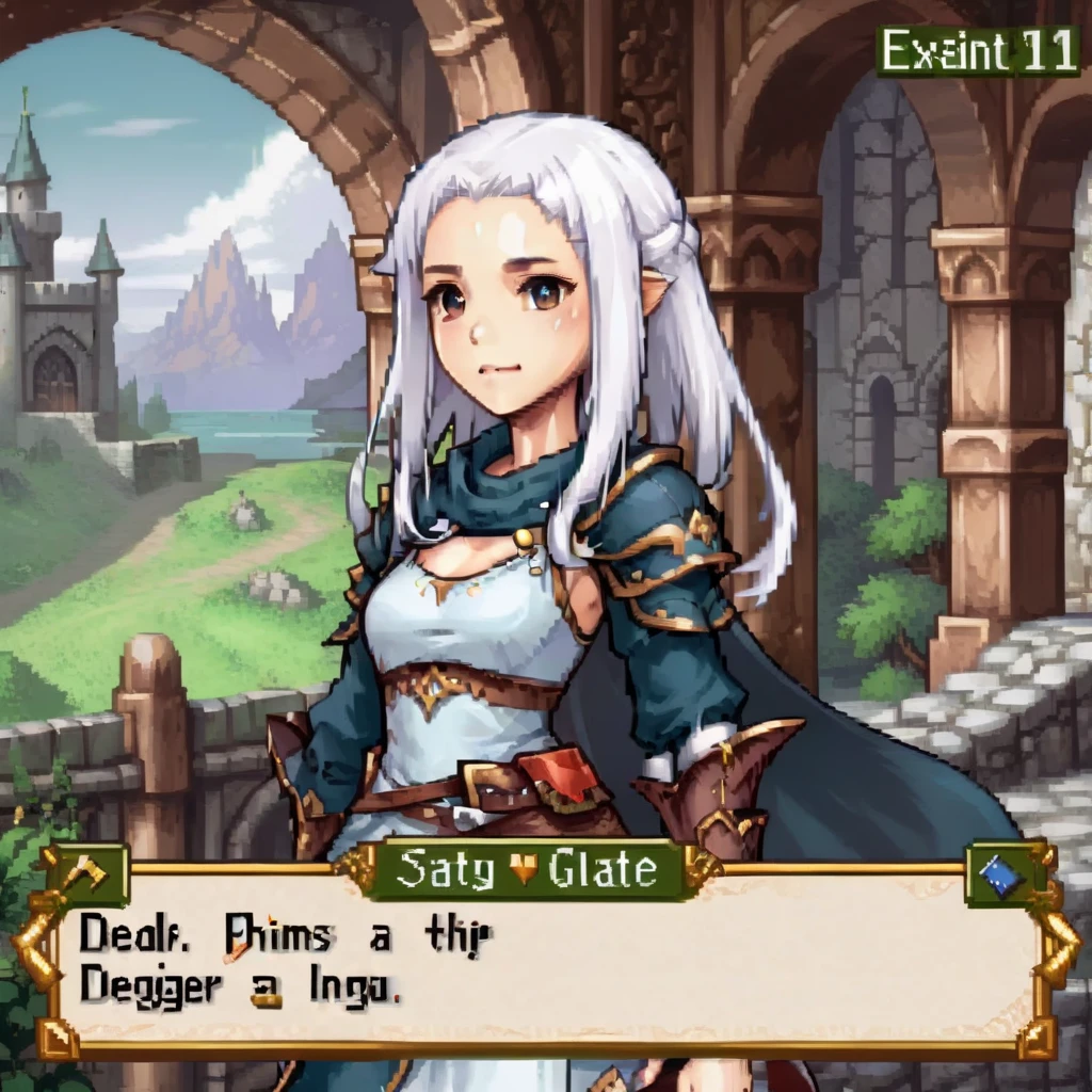 For gaming style images, Create an RPG game scene，Has detailed dialog box with character portrait. Scenes are vivid and immersive, Typical fantasy role-playing game, with lush, Mysterious landscape in the background. Portraits of people stand out, Place next to the dialog box，to facilitate character recognition. The portrait shows an expressive figure, Wear clothing appropriate to the fantasy theme of the game. The style of the dialog box is gorgeous, medieval font, Enhance RPG feel, it contains fascinating, story driven text，Suggests an epic task or important decision.,  cute girl, Special clothing, white hair