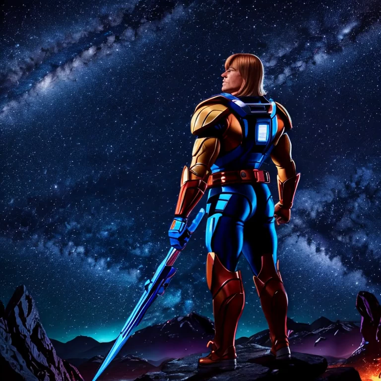 He Man themed super robot, dramatic pose in space, He Man standing on shoulder in space suit