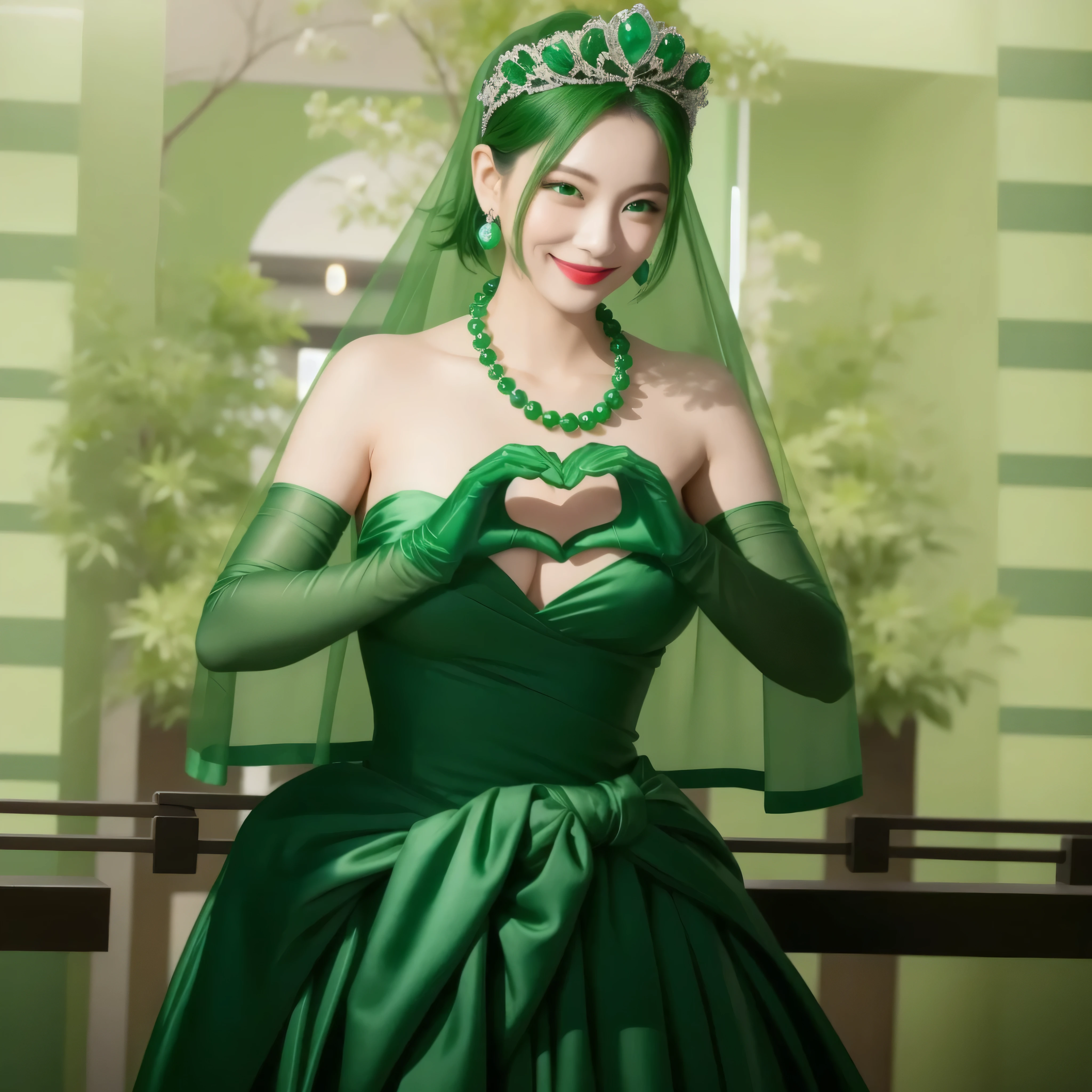 emerald tiara, green pearl necklace, boyish very short green hair, green lips, smiling Japanese woman, very short hair, Beautiful woman with big breasts, green eyes, green satin long gloves, green eyes, emerald earrings, green veil, Heart with both hands, green hair, beautiful japanese woman, heart shaped hands:1.3, green lip gloss