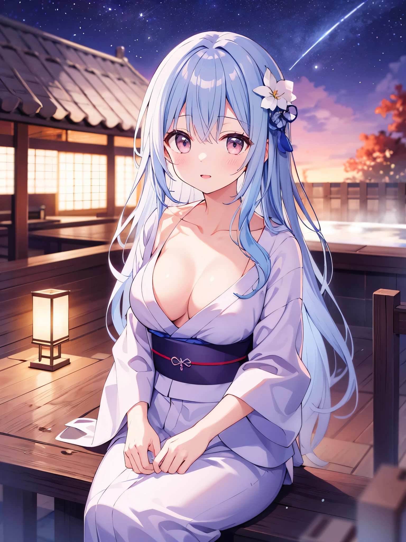 (masterpiece)、(highest quality)、((Super detailed))、(super delicate)、pastel colored hair、beautiful breasts、yukata、Hot spring at night、fantastic starry sky