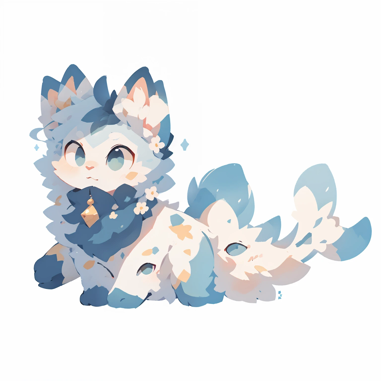 A blue and white cartoon rabbit, ice princess,（（Little blue fluffy female white rabbit））, 4 ears, 2 extra ears, big ear, long ears, Ears prick up, prick up your ears, long eyelashes, fluffy兔子尾巴, complex pattern，Seahorse Fursona, animal art, Hibiscus, low resolution, Furan Affinity Committee, animal committee, Elf art style, Cute Pokemon style, new pokemon, Fursona Furry Arts Council, high resolution committee, fluffy!!!