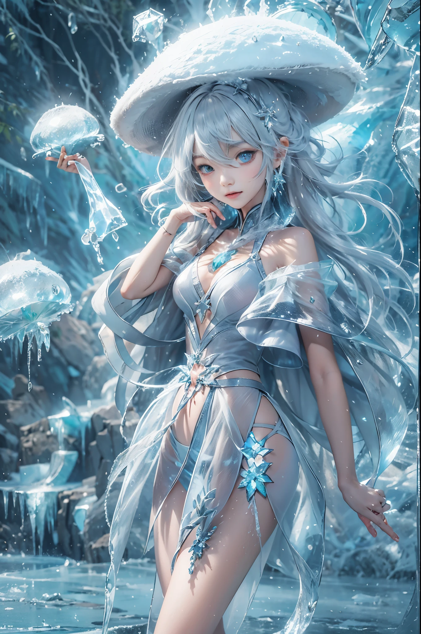 (((1 girl)))，dynamic poses，（skirt made of ice：1.5），ice crystals，frozen fluid，(((icicle)))，Ice mist，Ice particle effects，（ice mushroom：1.2），巨大的ice mushroom，Amazing results，,best quality,masterpiece,ultra high resolution,detailed，8K resolution,chiaroscuro，NVIDIA RTX