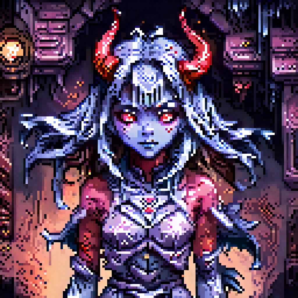 pixel art, retro game card.. anime illustration, a beautiful female demon, dark souls, kawaii, dynamic pose, wide angle, trending on pixiv fanbox, painted by stanley lau, painted by greg rutkowski, painted by stanley artgerm, digital art, trending on artstation. a masterpiece painting of the inside of an alien