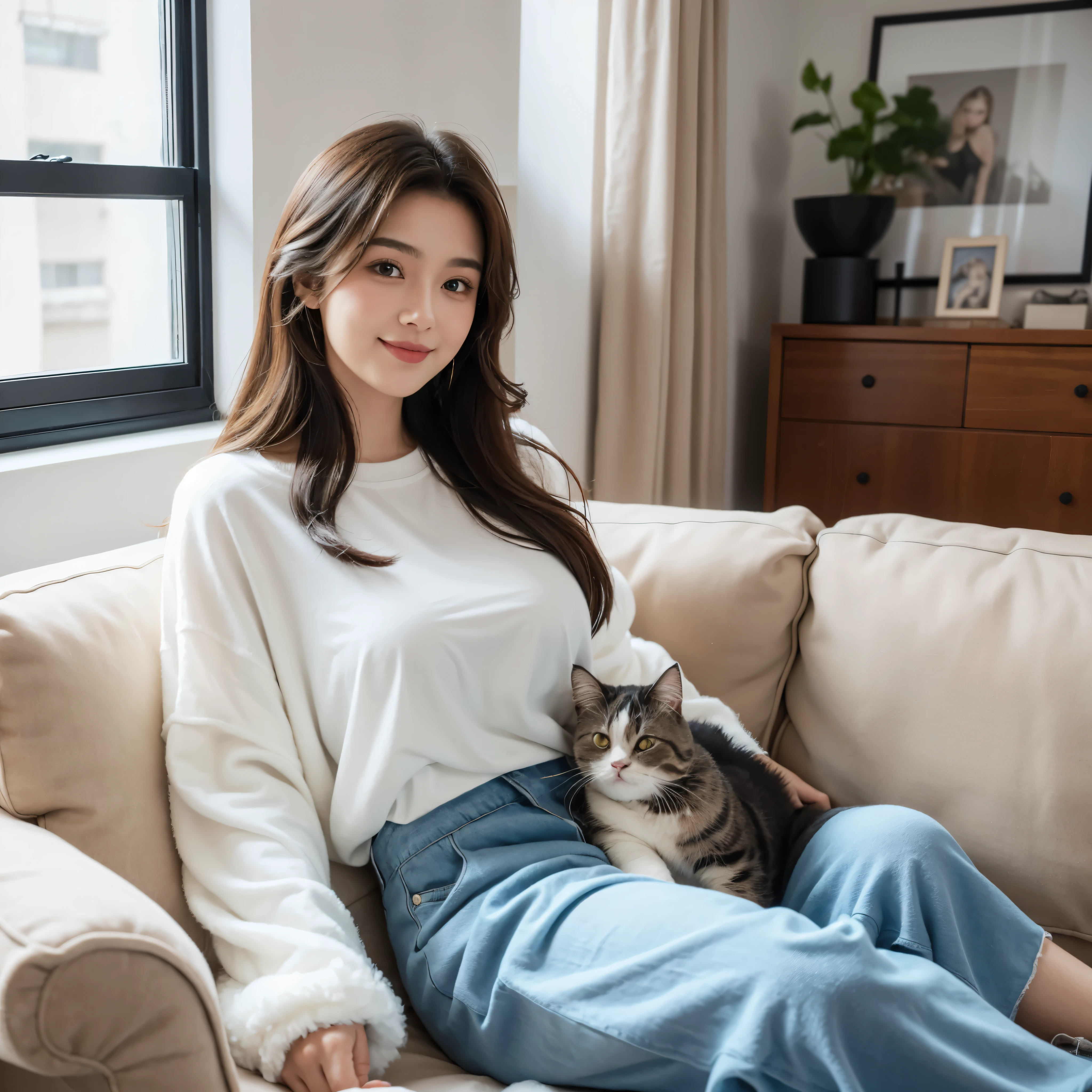 20 year old girl, beautiful girl,big breast,oversized woollen fluffy t-shirts and fluffy pant, set on L-Shape sofa, window side, beautiful wall with a painting, 1 cat,cat,she hold a cat, cat with her,black and white cat , cute smile,photorealistic, apartment room hall,