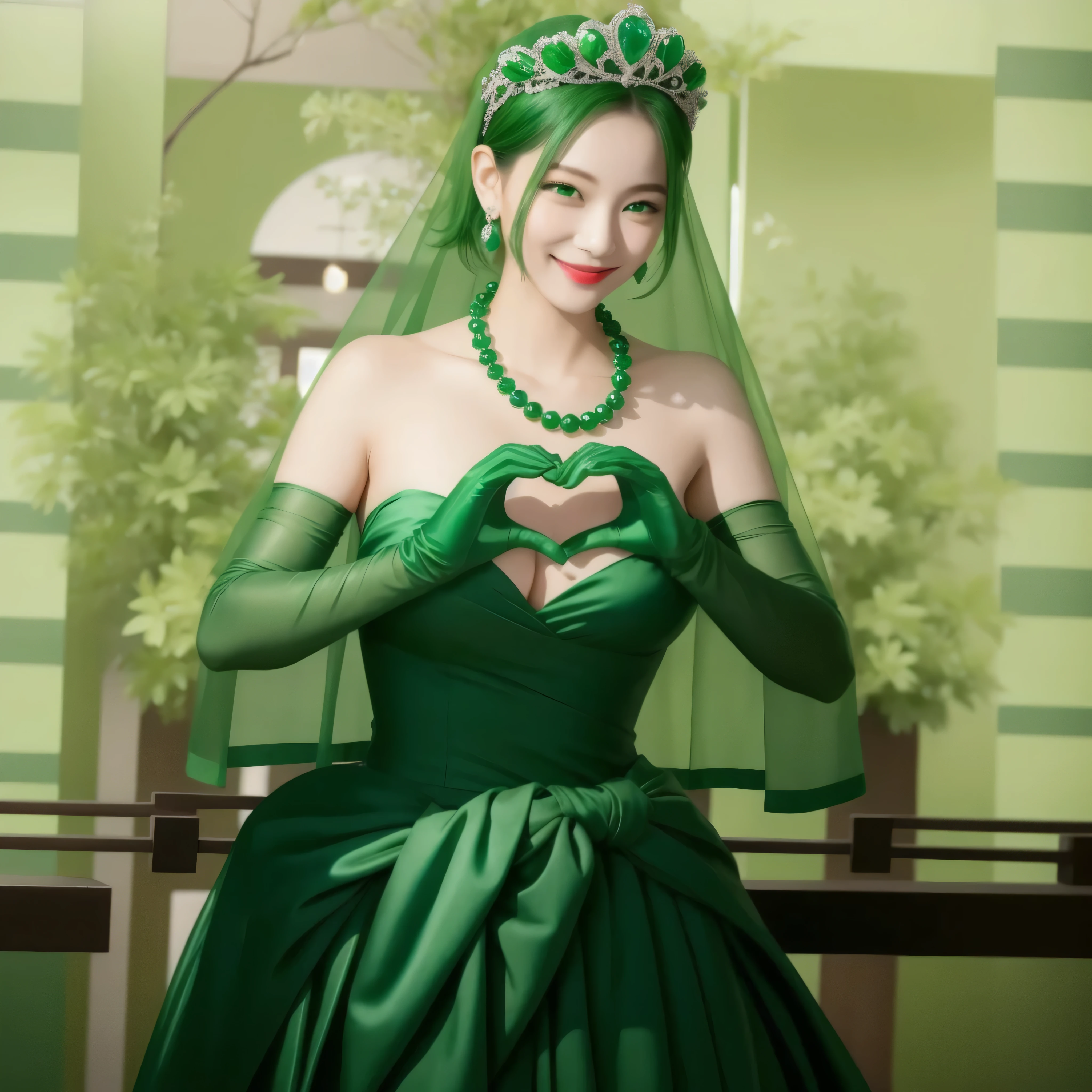 emerald tiara, green pearl necklace, boyish very short green hair, green lips, smiling Japanese woman, very short hair, Beautiful woman with big breasts, green eyes, green satin long gloves, green eyes, emerald earrings, green veil, Heart with both hands, green hair, beautiful japanese woman, heart shaped hands:1.3, green lip gloss