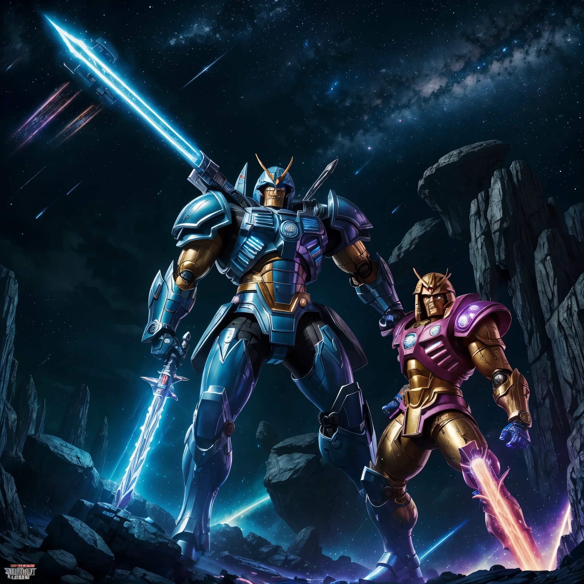 (best quality,highres),he-man themed super robot,heroic pose,standing in space suit on a shoulder,cosmic background,huge and detailed metal structure,glowing energy sword,serious determination in the eyes,vivid colors,sci-fi rendering,dynamic lighting,impressive power and strength,action-packed scene