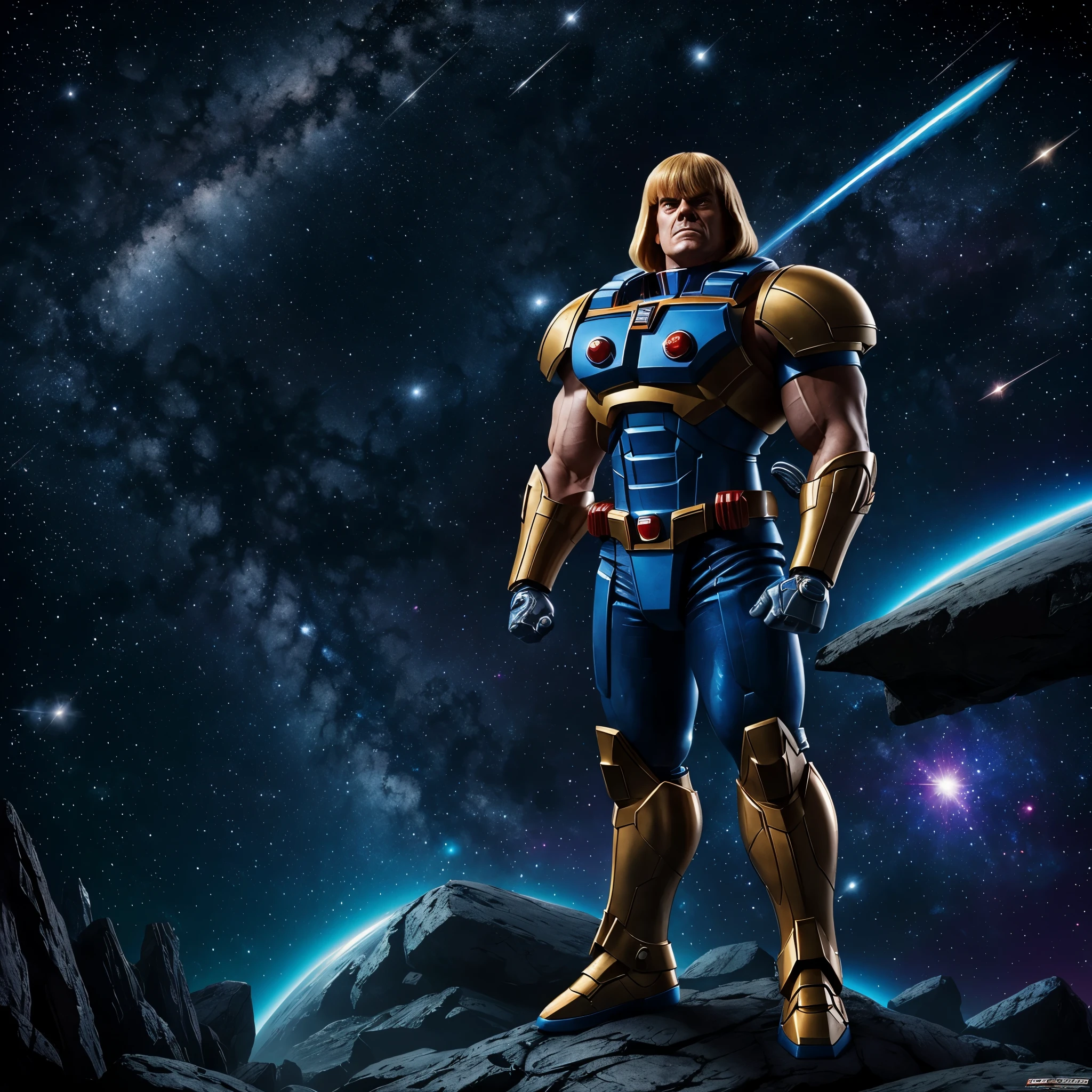 He Man themed super robot, dramatic pose in space, He Man standing on shoulder in space suit