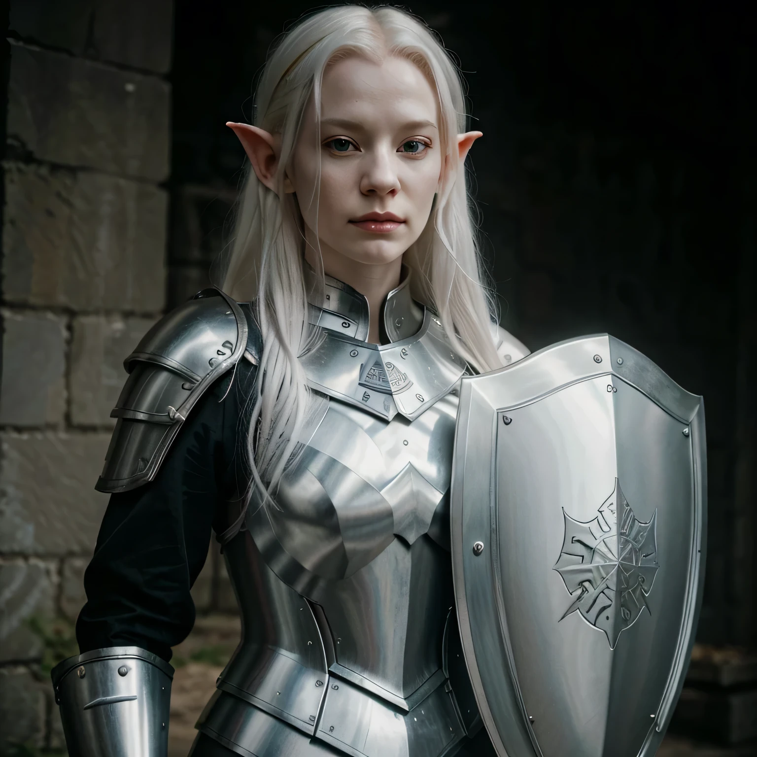 Albino, pale, elf, grey hair, midevil, woman, noble, armored, full, plate armor, shield, shadar-kai, ((albino)), white skin, holding spear, albino, armor